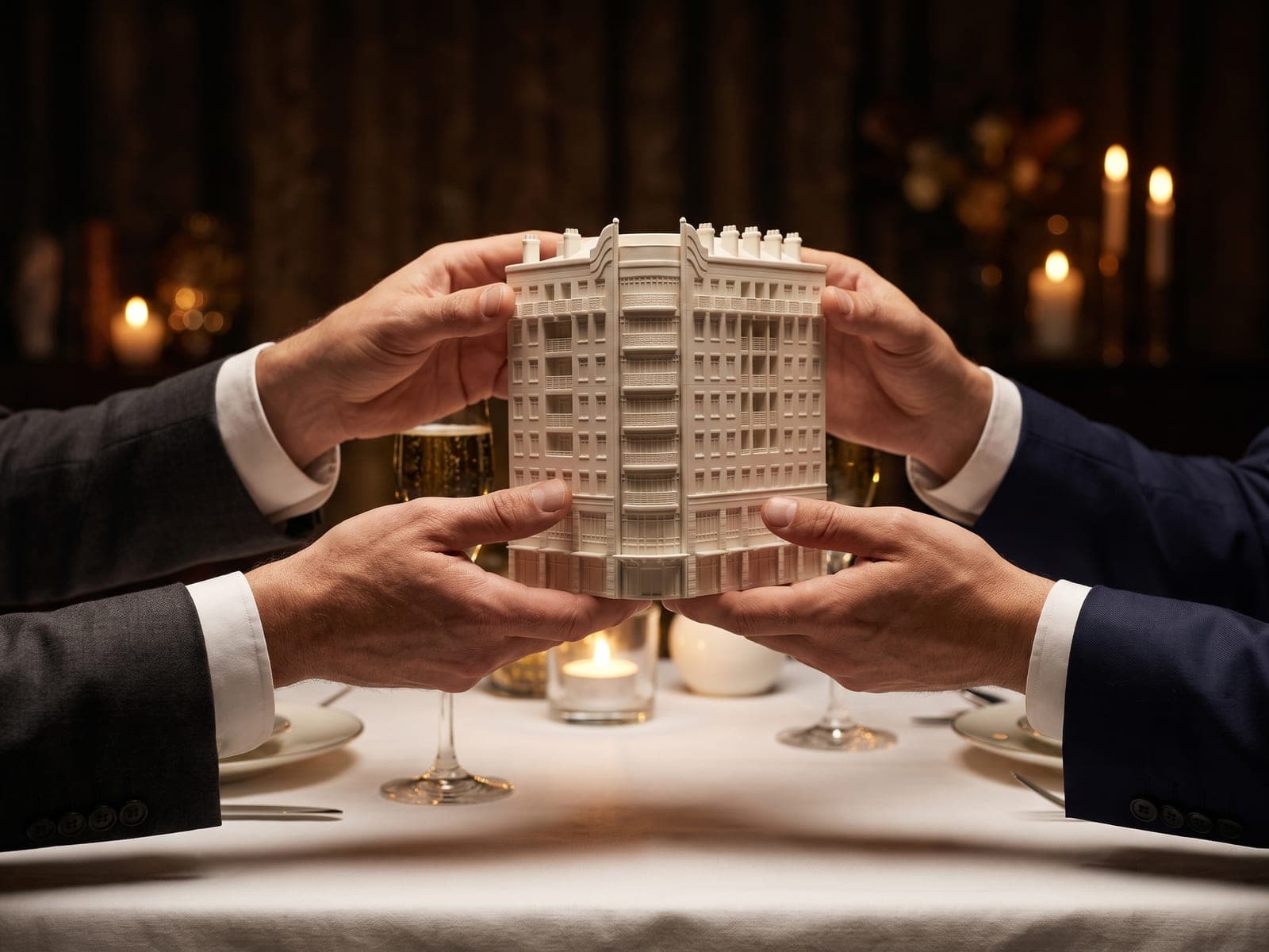 A sample preview of a corner office building as a white piece, held in four hands as it is passed across a candlelit dinner table, in a generated picture