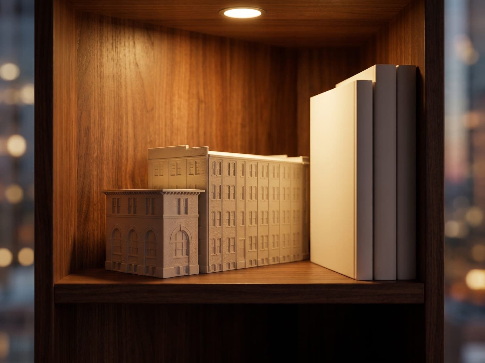 A sample preview of a warehouse block as a white piece, alone in a lit walnut shelf niche beside three upright books, in a generated picture