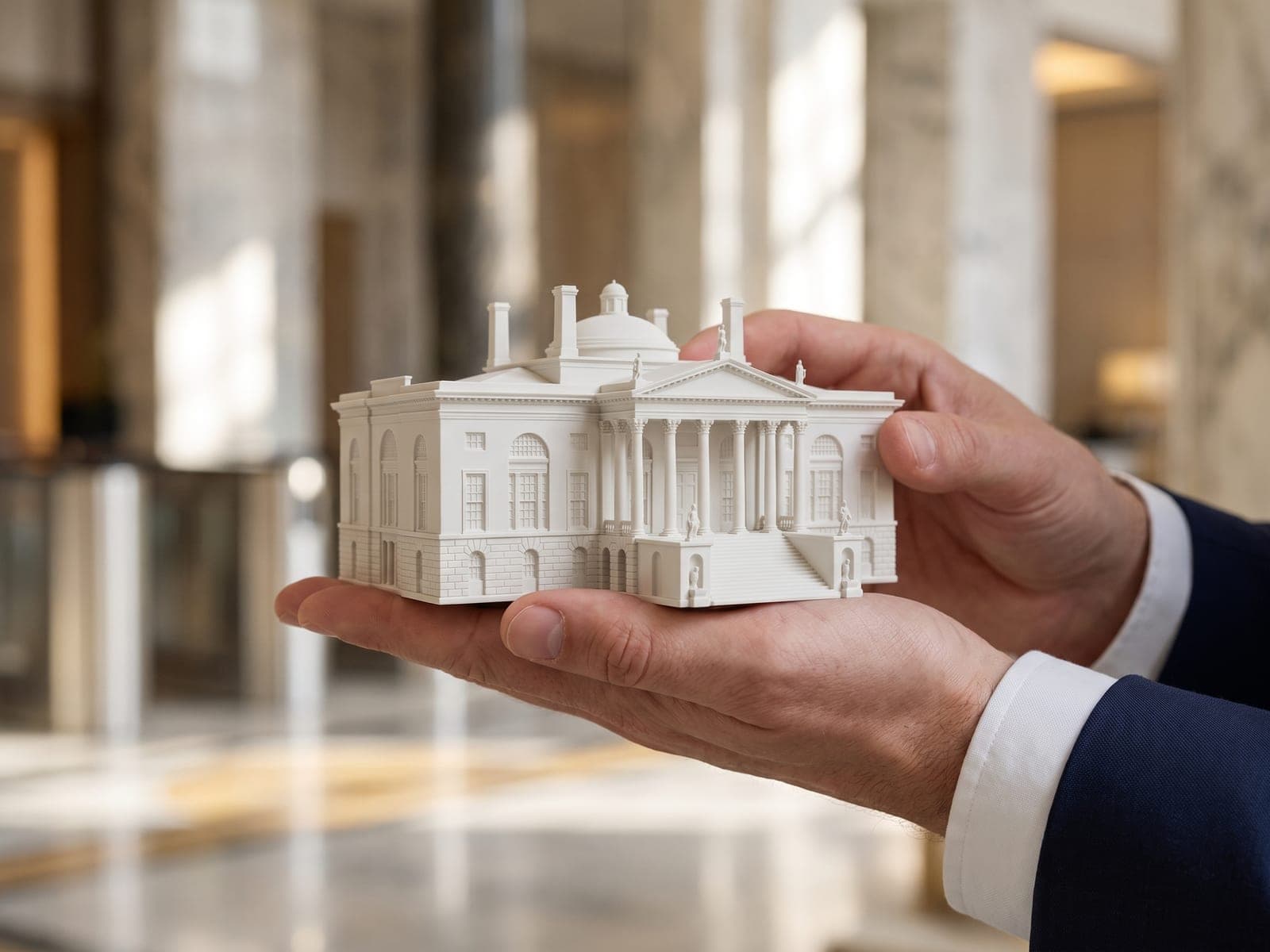 A sample preview of a domed city hall as a white piece, resting on one open hand in a marble office lobby, in a generated picture