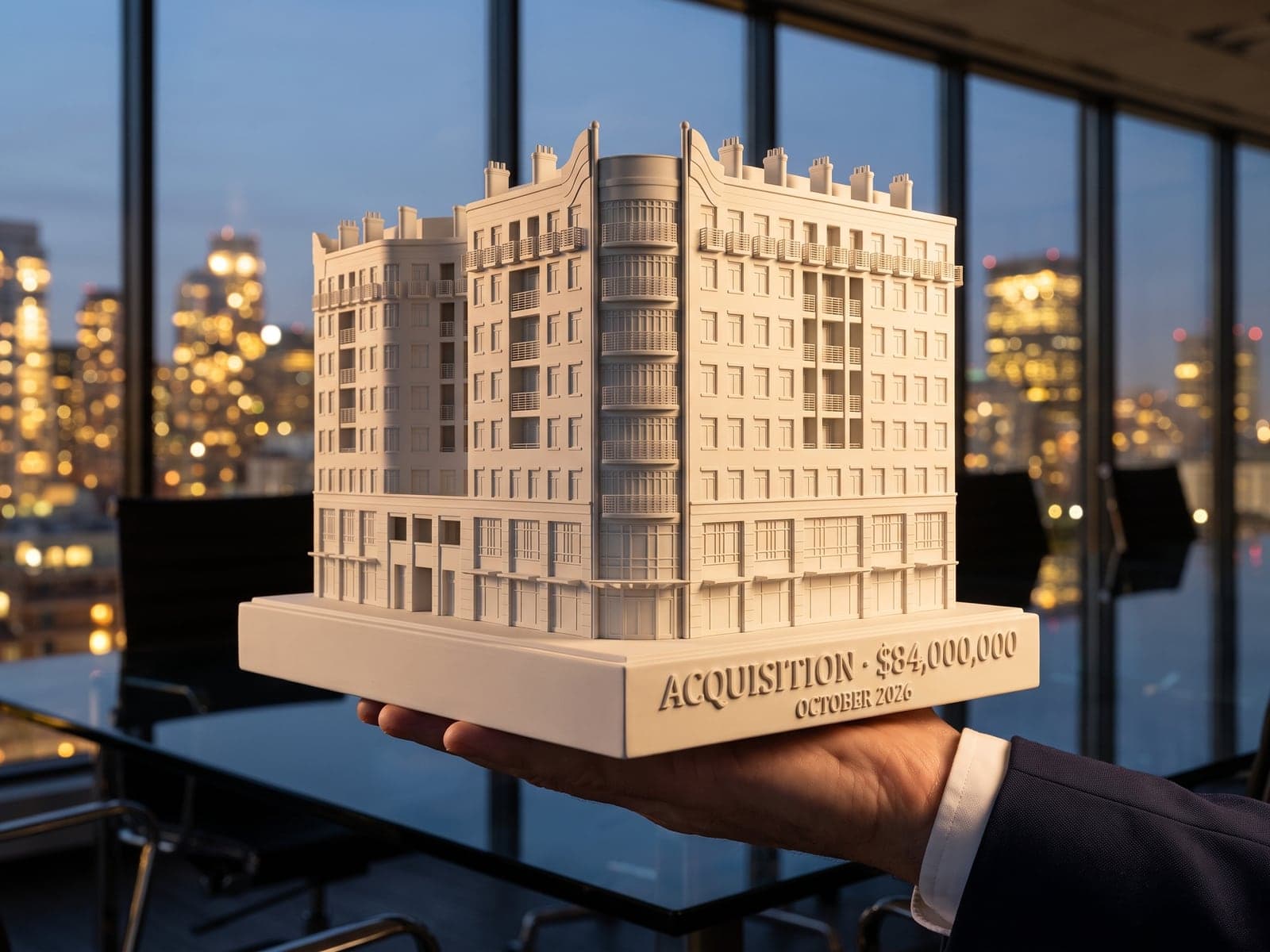 A sample preview of a corner office building with a round tower as a white piece on a slim base with raised letters reading Acquisition, 84 million dollars, October 2026, held on one open hand in a boardroom at dusk, in a generated picture