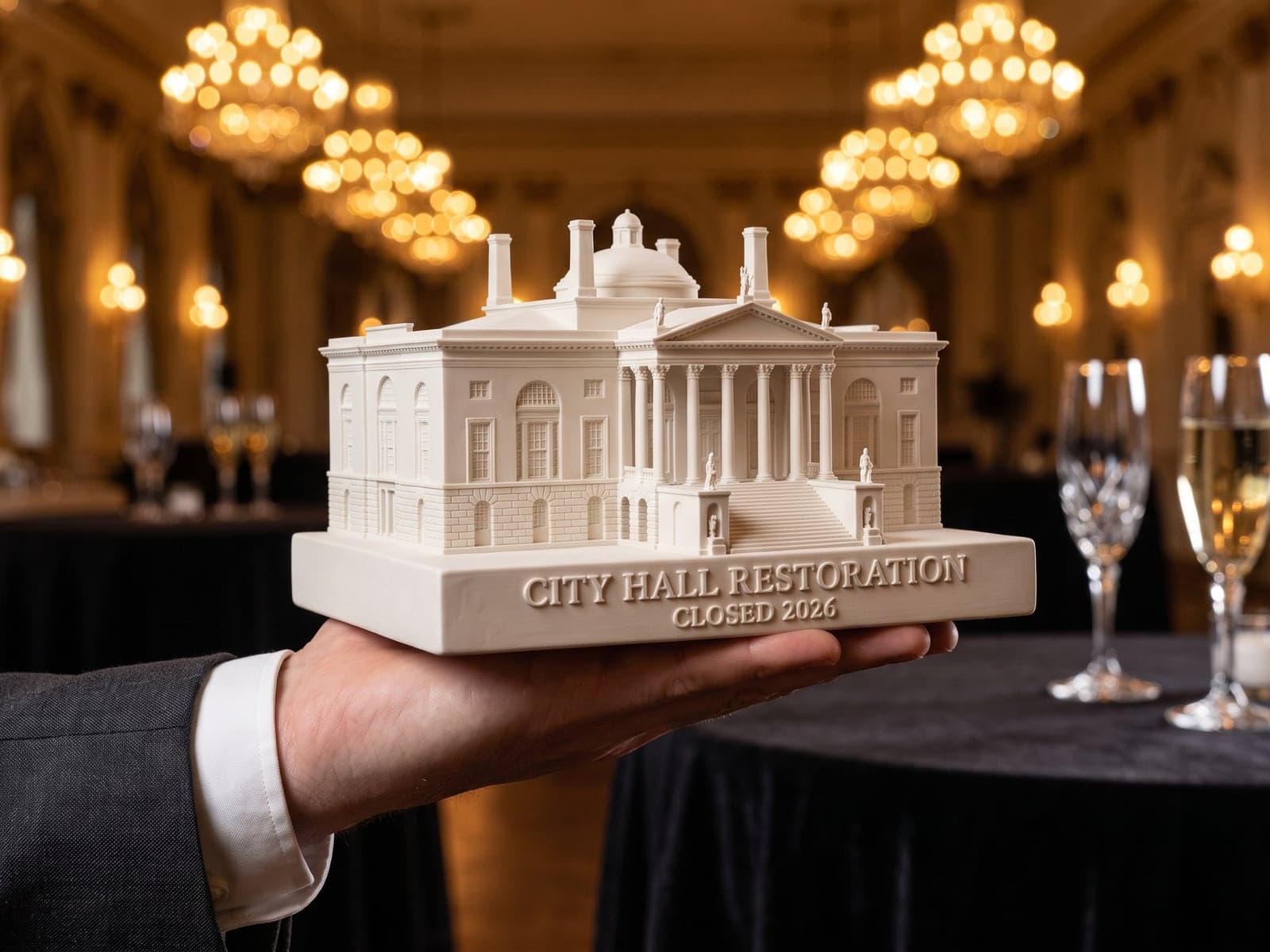 A sample preview of a domed city hall as a white piece on a slim base with raised letters reading City Hall Restoration, Closed 2026, resting on one open hand in a ballroom lit by chandeliers, in a generated picture