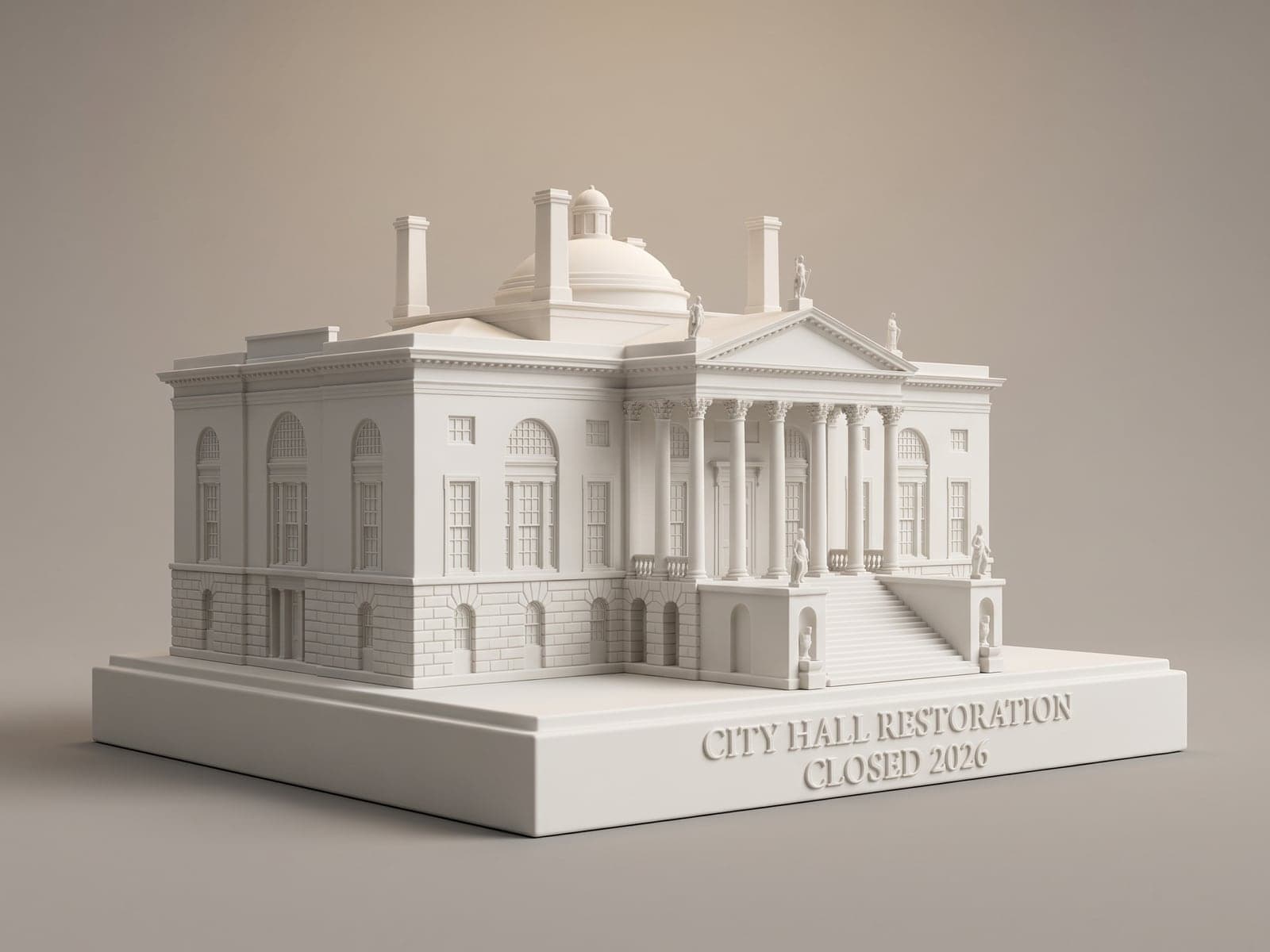 A sample preview of a domed city hall as a white piece on a slim base with raised letters reading City Hall Restoration, Closed 2026, on a plain studio background, in a generated picture