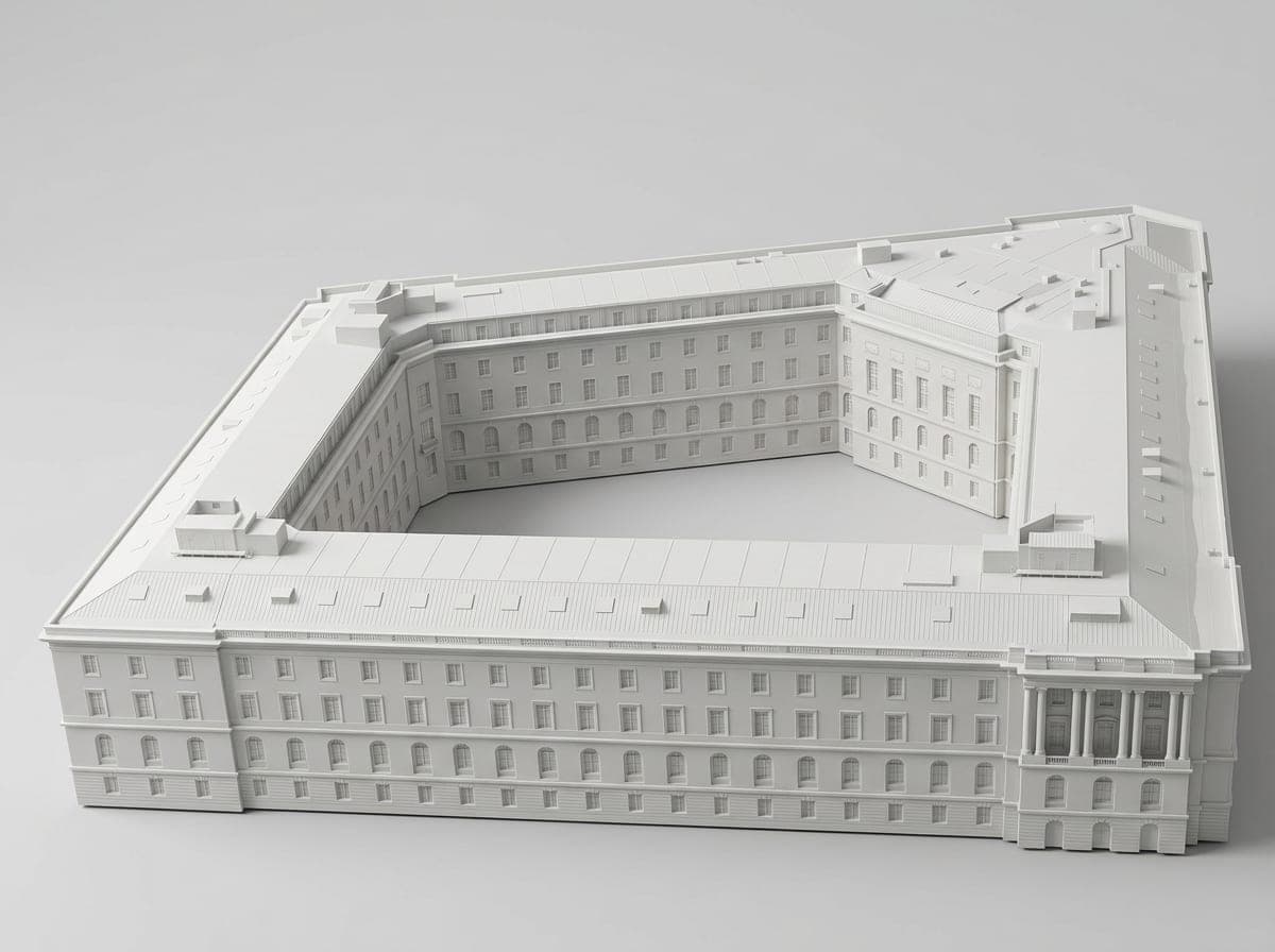 The preview made from that photo: the building and its courtyard as a matte white miniature, without the crane or the buildings around it.