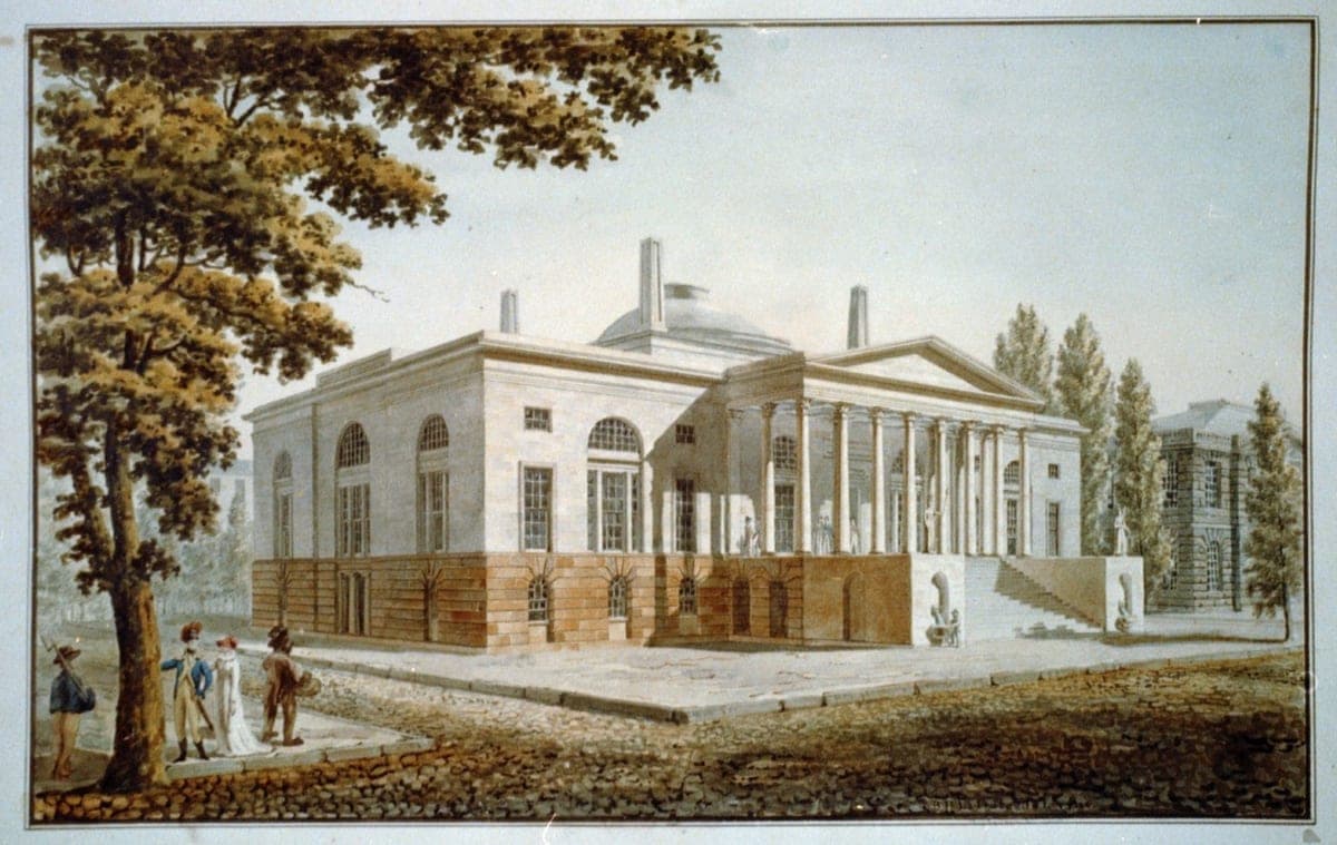 A watercolor drawing of a proposed city hall for New York: a pale classical building with a columned portico, a low dome and chimneys, with trees and a few people in front.