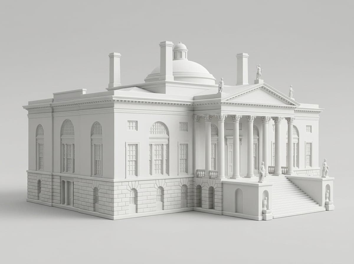 The preview made from that drawing: the city hall as a matte white miniature, with the portico, the steps, the dome and the chimneys, and no trees or people.