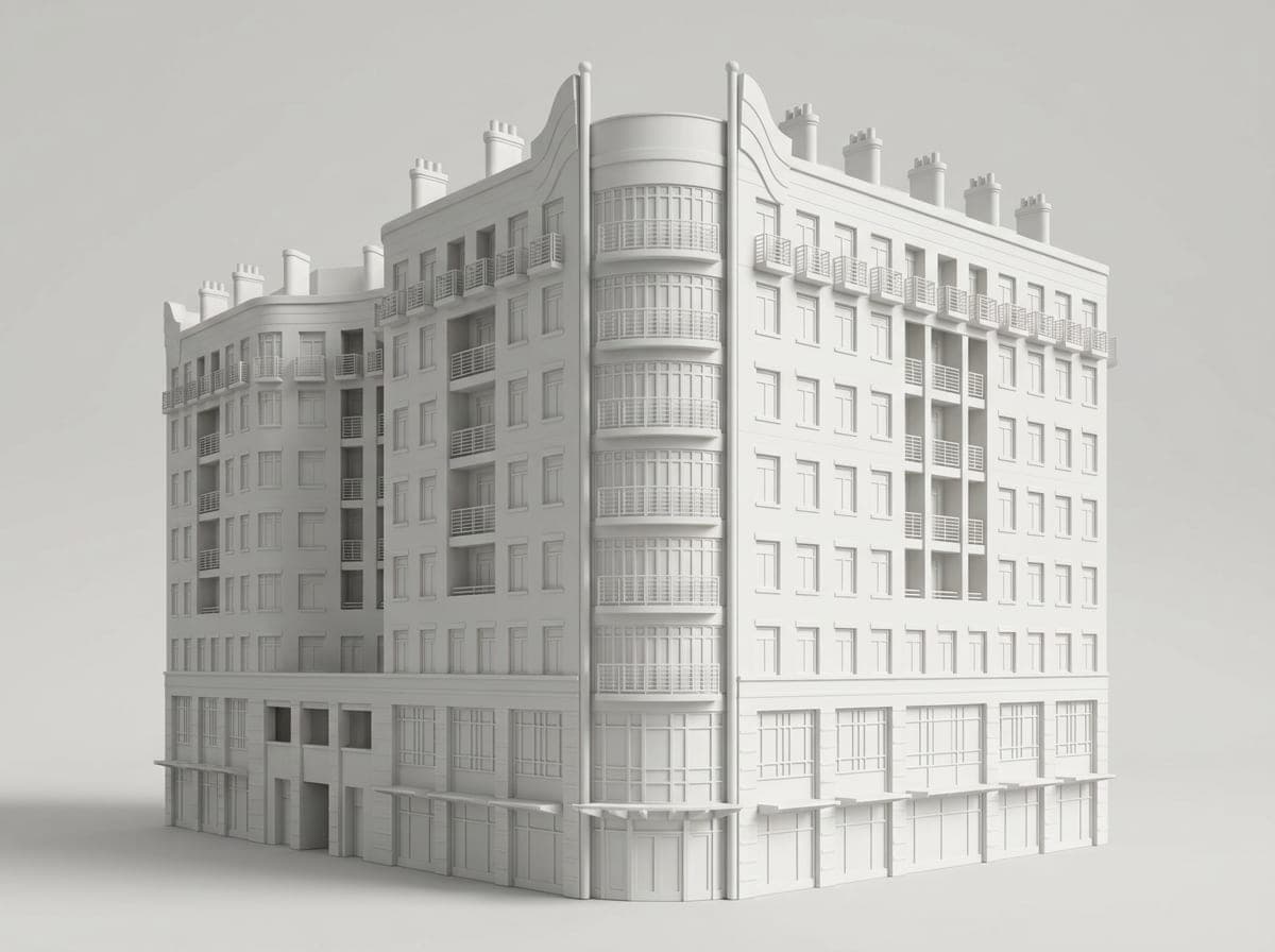 The preview made from that photo: the building as a matte white miniature, with the round corner tower and the balconies, and no street or cars.