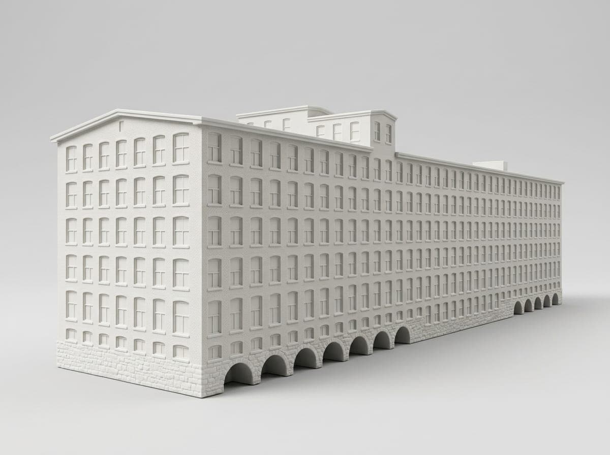 The preview made from that photo: the mill as a long matte white miniature, with its rows of windows and the arches at its base.