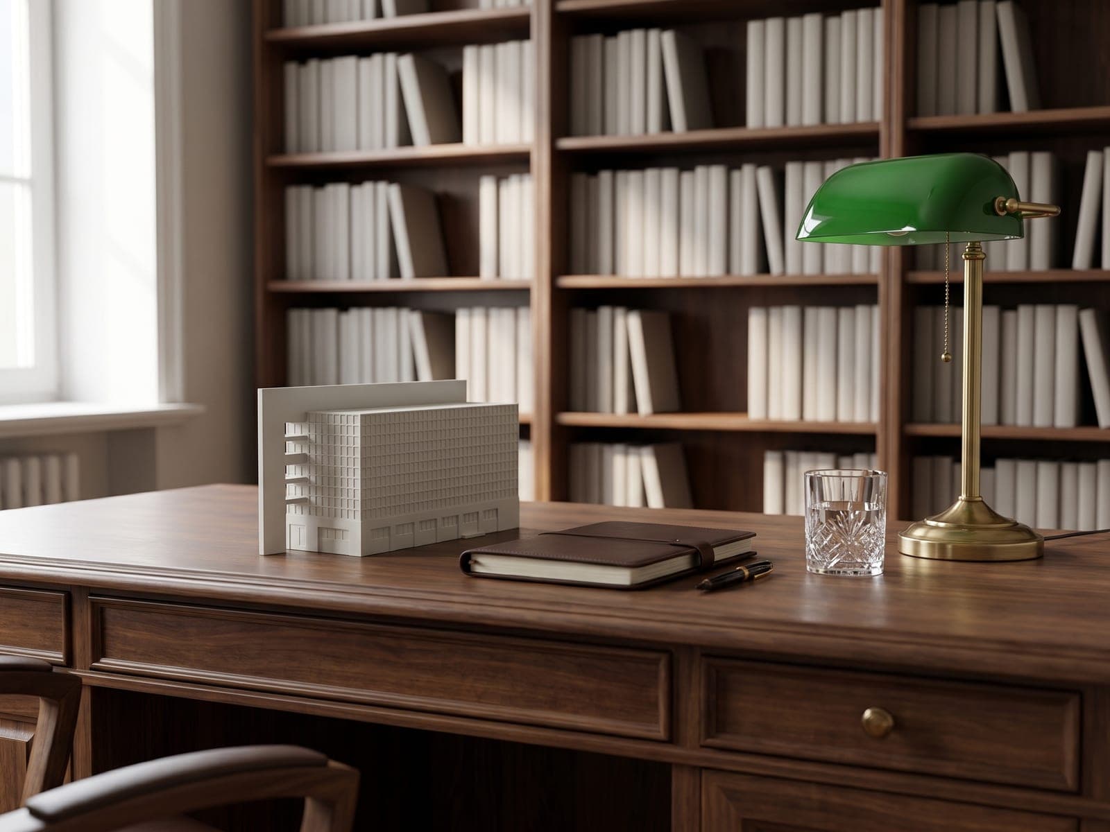 A sample preview of a modern office building as a white piece, staged on a wooden office desk beside a leather notebook, a crystal glass and a green desk lamp, in a generated picture