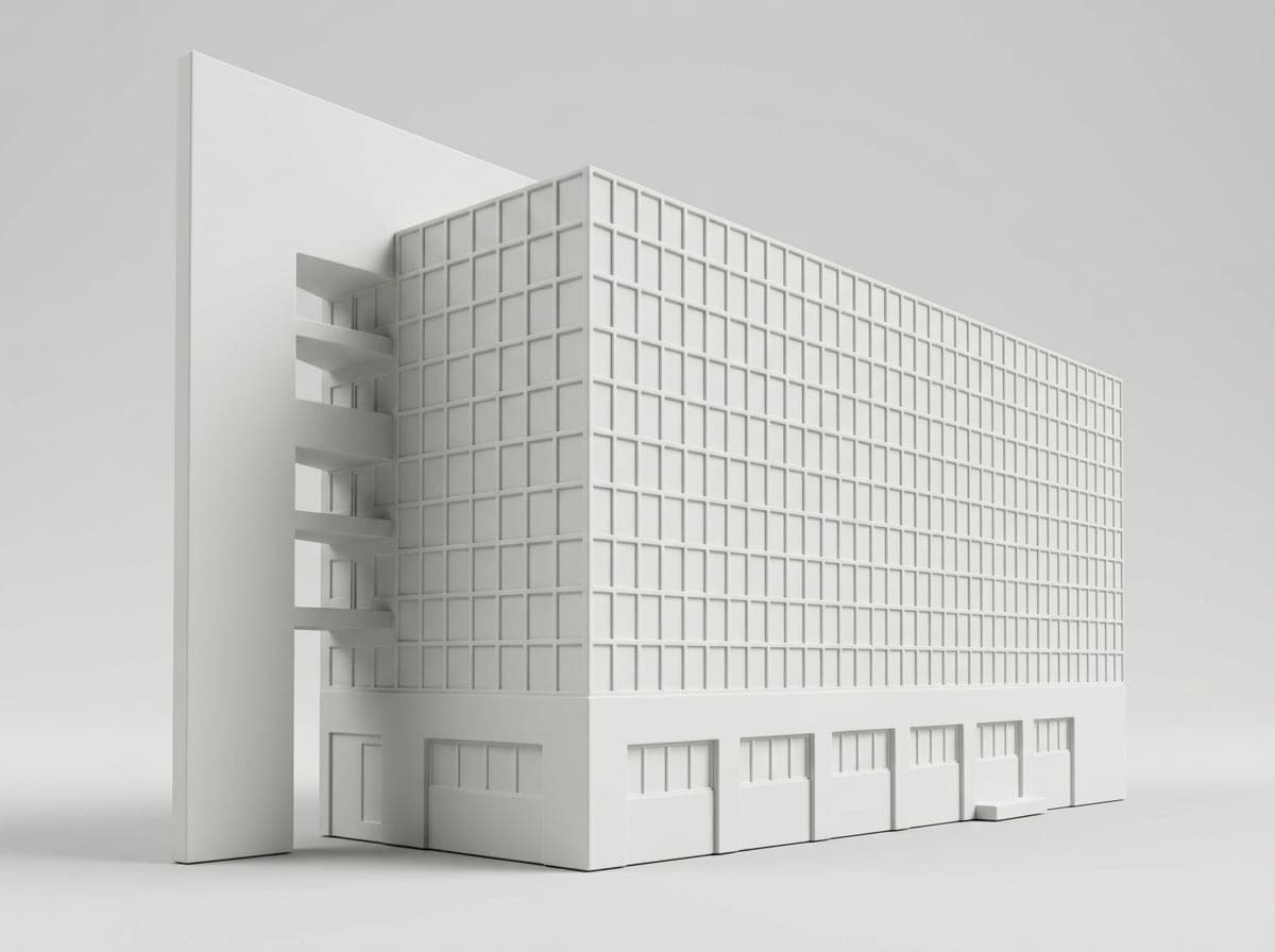 The preview made from that photo: the building as a matte white miniature, the glass shown as a grid of windows, with the tall wall and its balconies at the side.