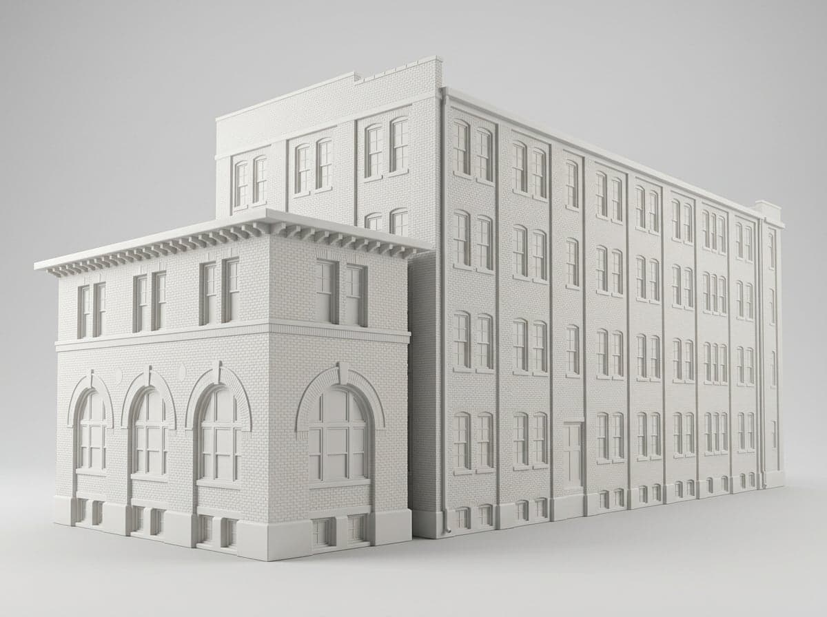 The preview made from that photo: both buildings as one matte white miniature, without the poles, wires or sign.