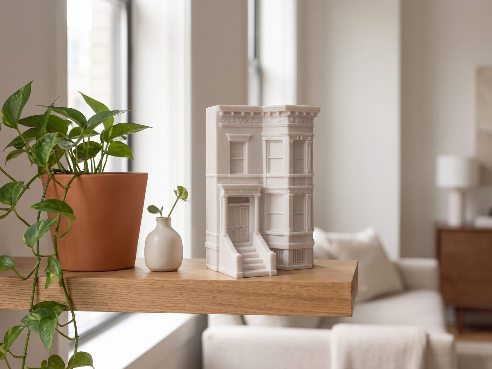 A finished brownstone row house piece with a stoop and a bay window, on a floating oak shelf by a city apartment window, beside a pothos in a terracotta pot and a small pale bud vase, in a generated picture
