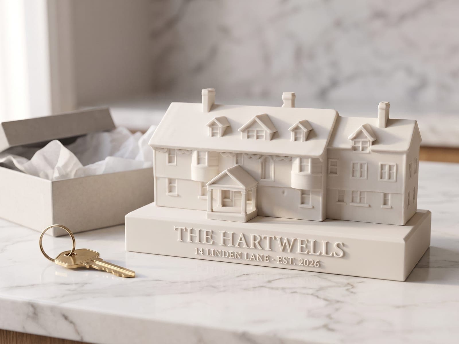 A finished Colonial house piece with three dormers and a smaller wing, pictured on a slim base in the same white with raised letters reading The Hartwells, 14 Linden Lane, Est. 2026, on a marble kitchen island beside an open gift box and a house key, in a generated picture