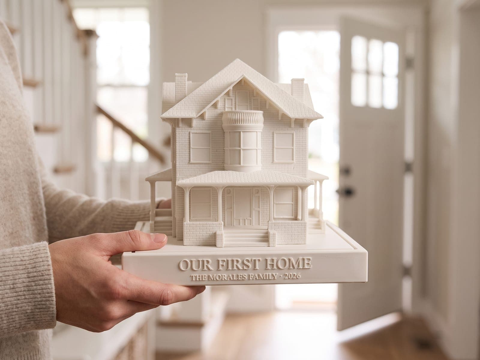 A finished Queen Anne house piece with a round corner tower and a wraparound porch, pictured on a slim base in the same white with raised letters reading Our First Home, The Morales Family, 2026, held in one hand in a bright front hall, in a generated picture
