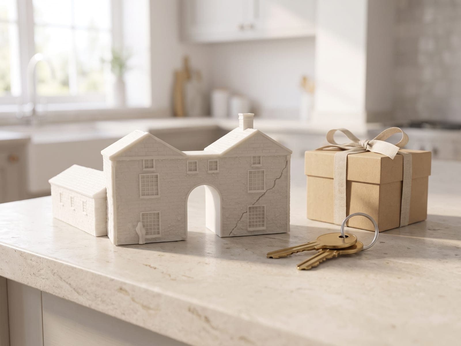 A finished two-gabled stone house piece with an arched carriageway through the middle, on a kitchen island beside a kraft gift box tied with linen ribbon and a set of house keys, in a generated picture