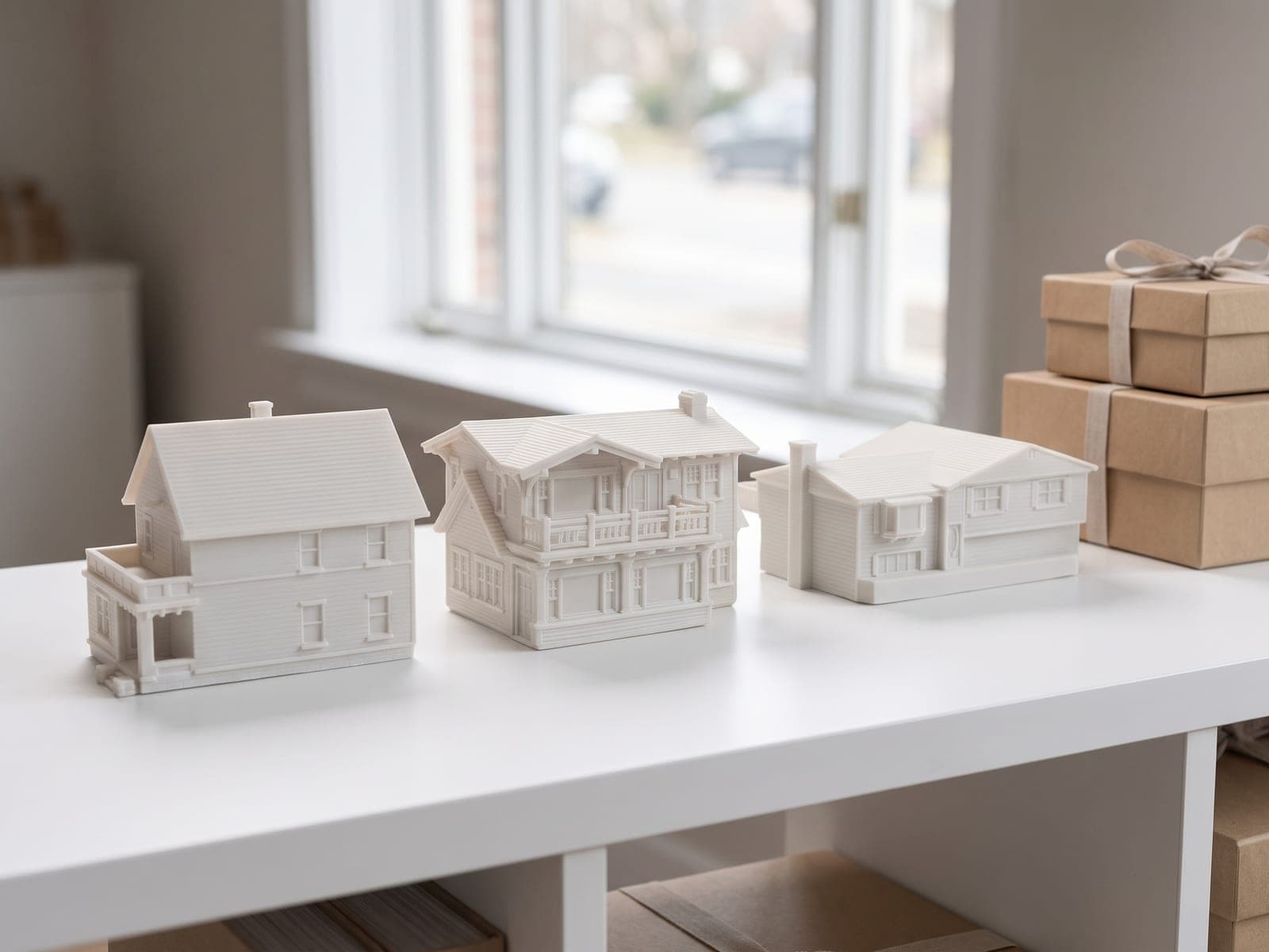 Three finished house pieces, a farmhouse with a side porch, a chalet with a balcony and a low ranch, in a row on a white office shelf beside a stack of kraft gift boxes, in a generated picture