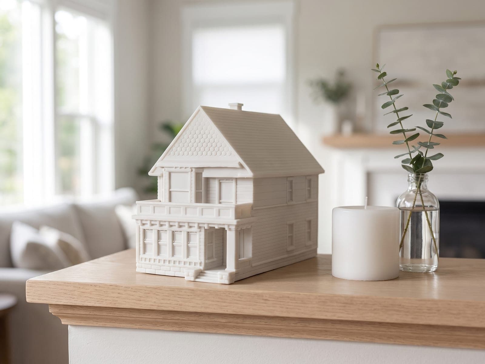 A finished Victorian house piece with a shingled gable and a porch with a balcony above, on a pale oak mantel in a freshly painted living room, beside a white pillar candle and eucalyptus in a glass bottle, in a generated picture