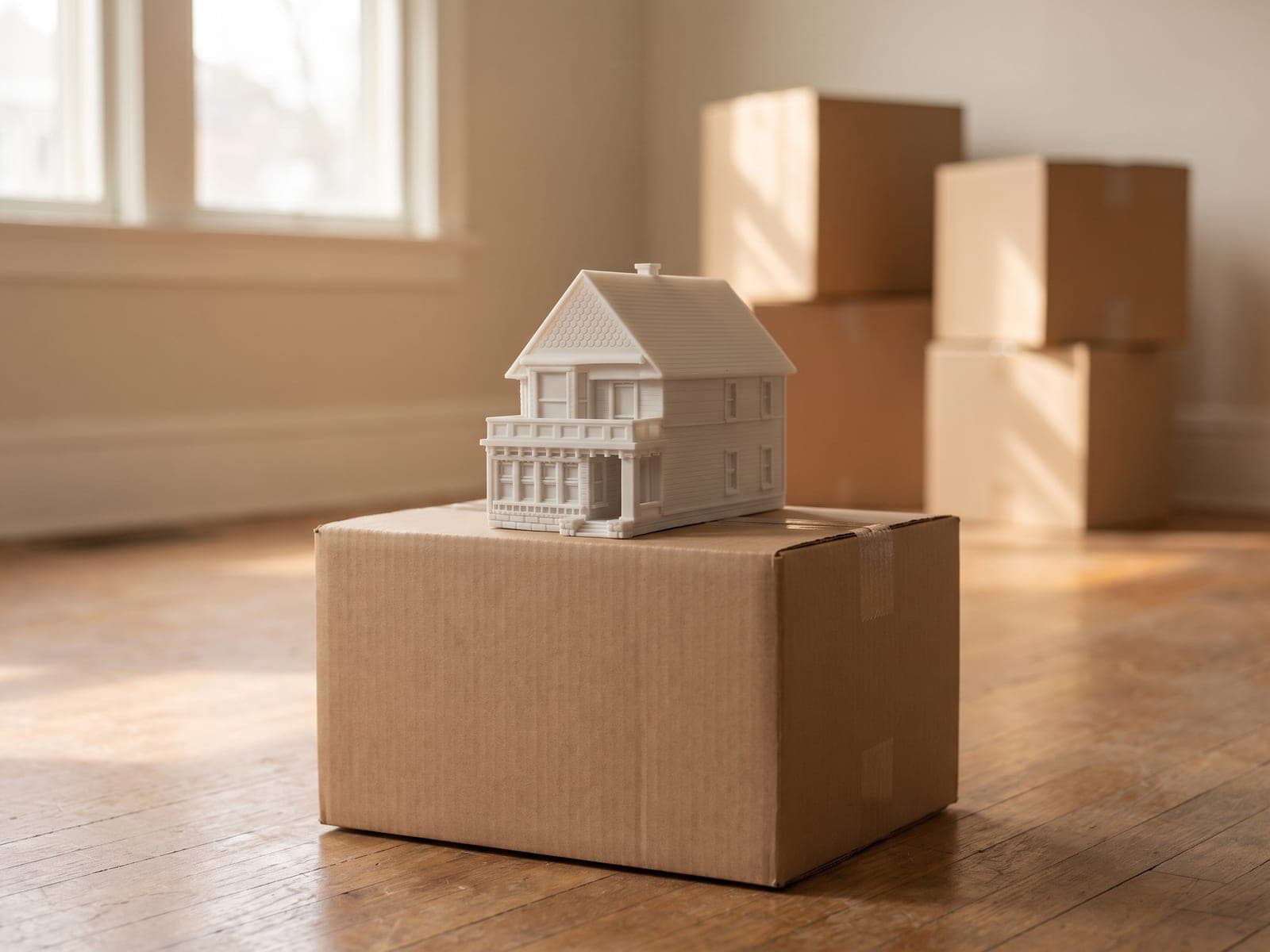 A finished Victorian house piece with a shingled gable, sitting on a closed moving box in an emptied living room, more boxes stacked behind, in a generated picture