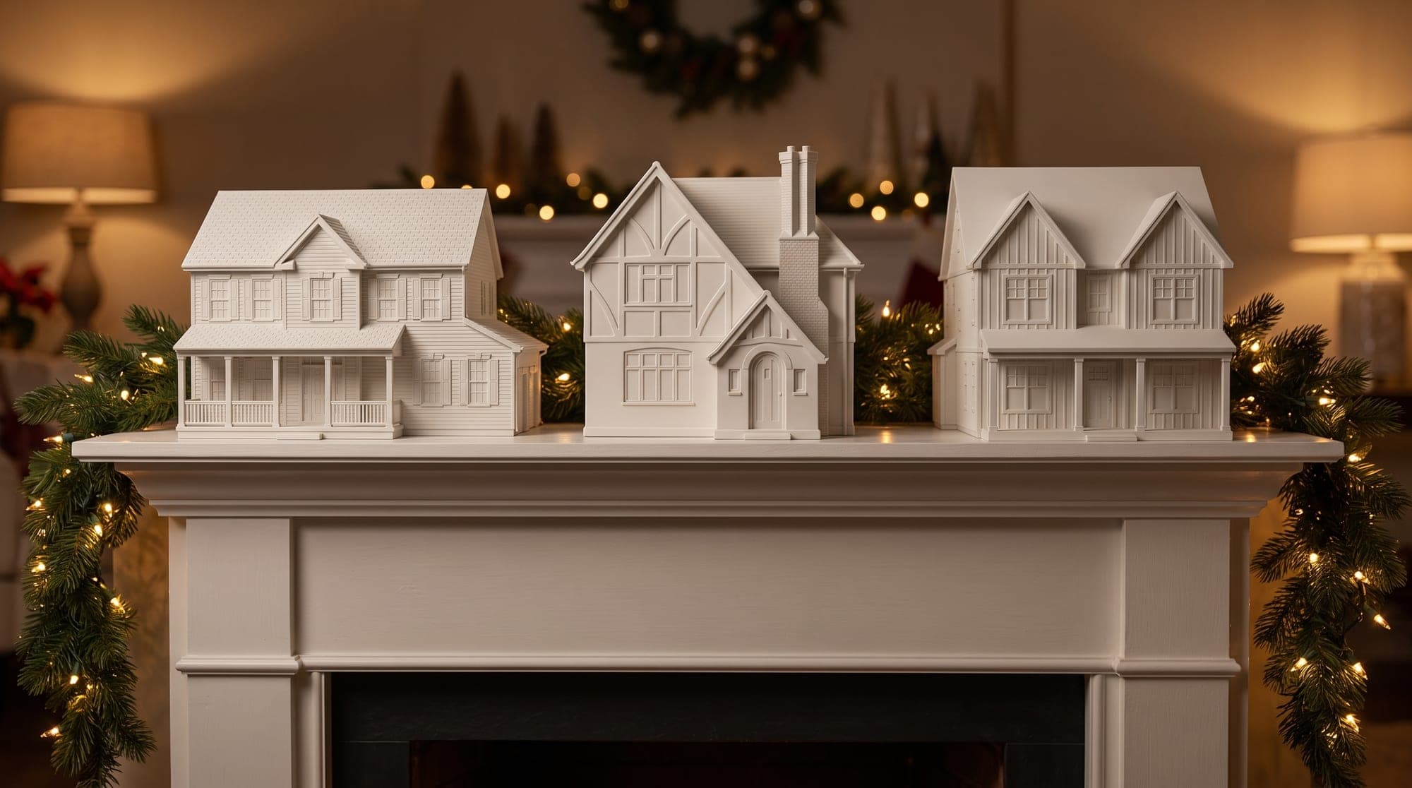 Three white house sculptures arranged together on a holiday mantel