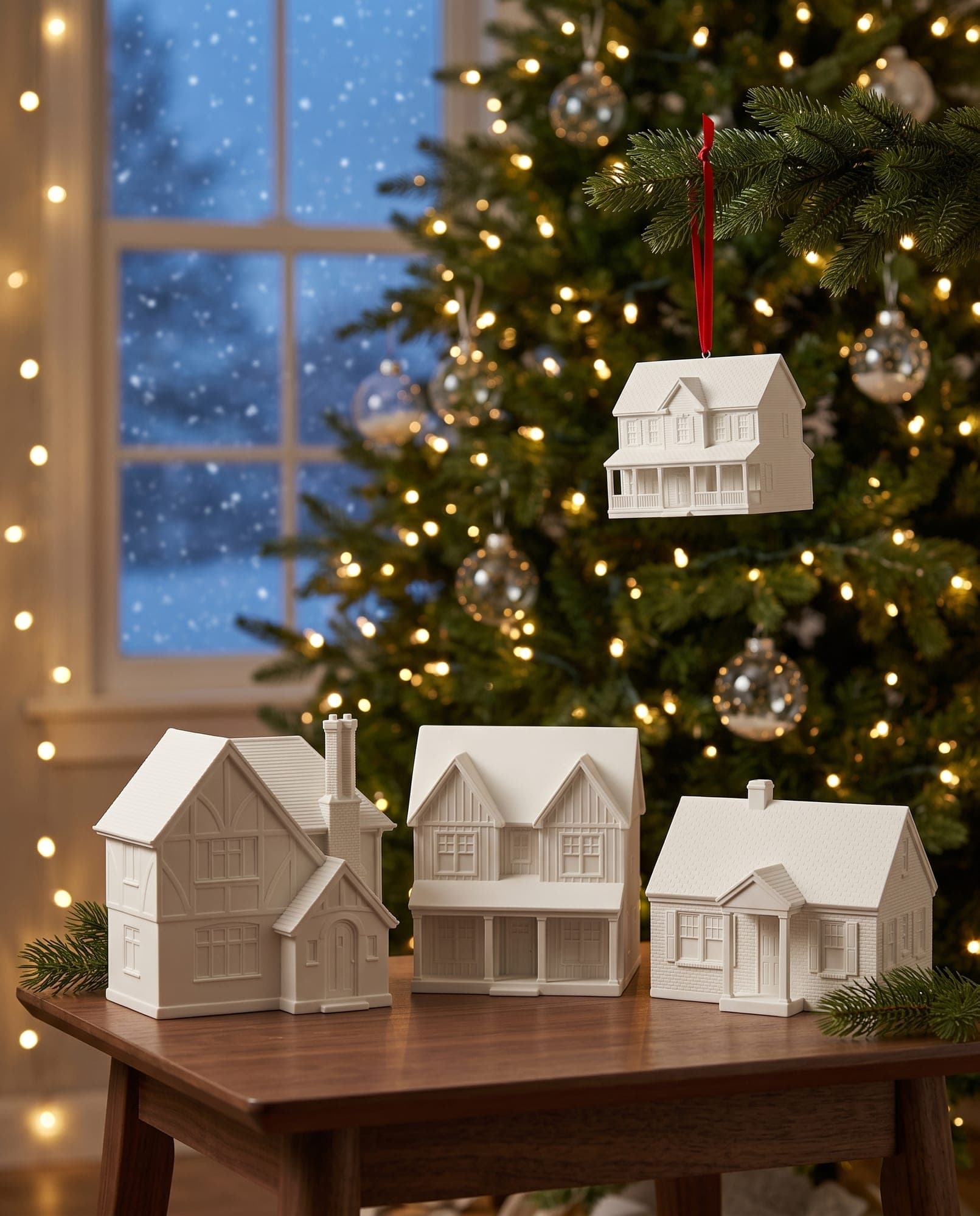 A House Ornament on the tree and three white house sculptures together on the mantel