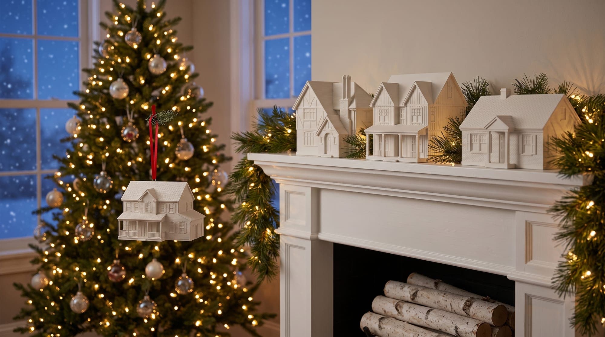 A white House Ornament on the tree and a set of three white house sculptures in a cozy holiday living room
