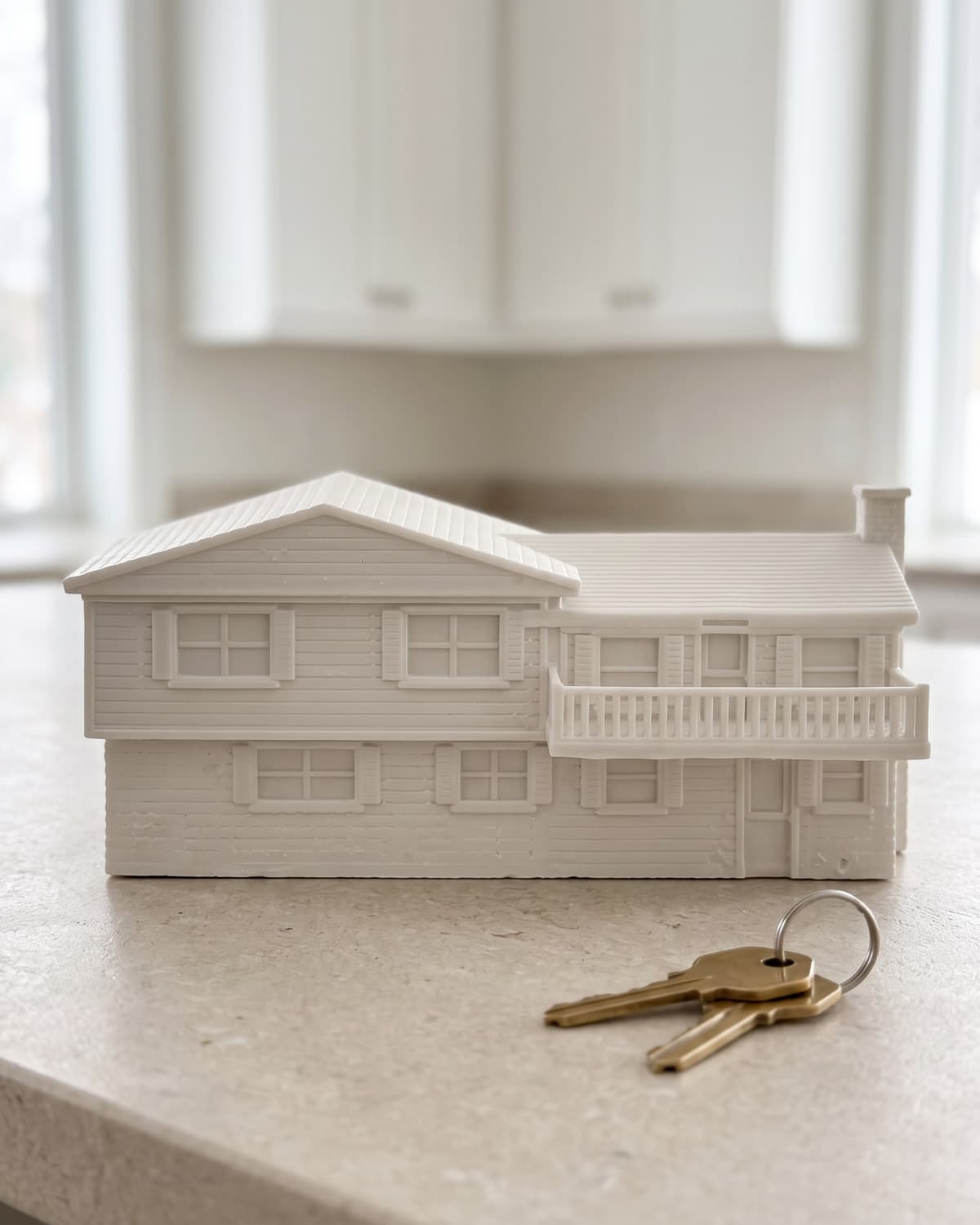 A finished split level house piece on a kitchen counter, with house keys beside it, in a generated picture