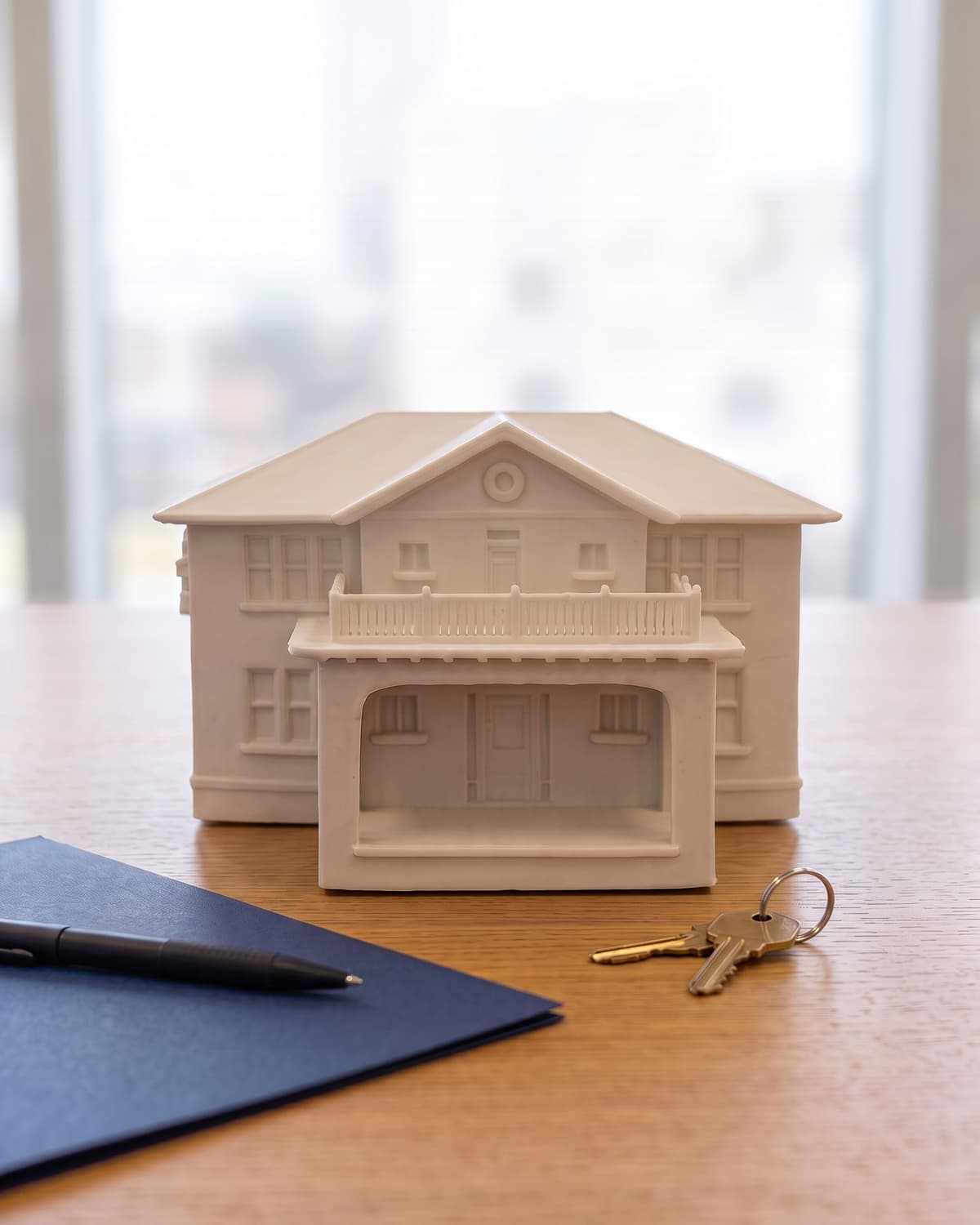A finished two story house piece with a front porch on a table beside a folder, a pen and keys, in a generated picture