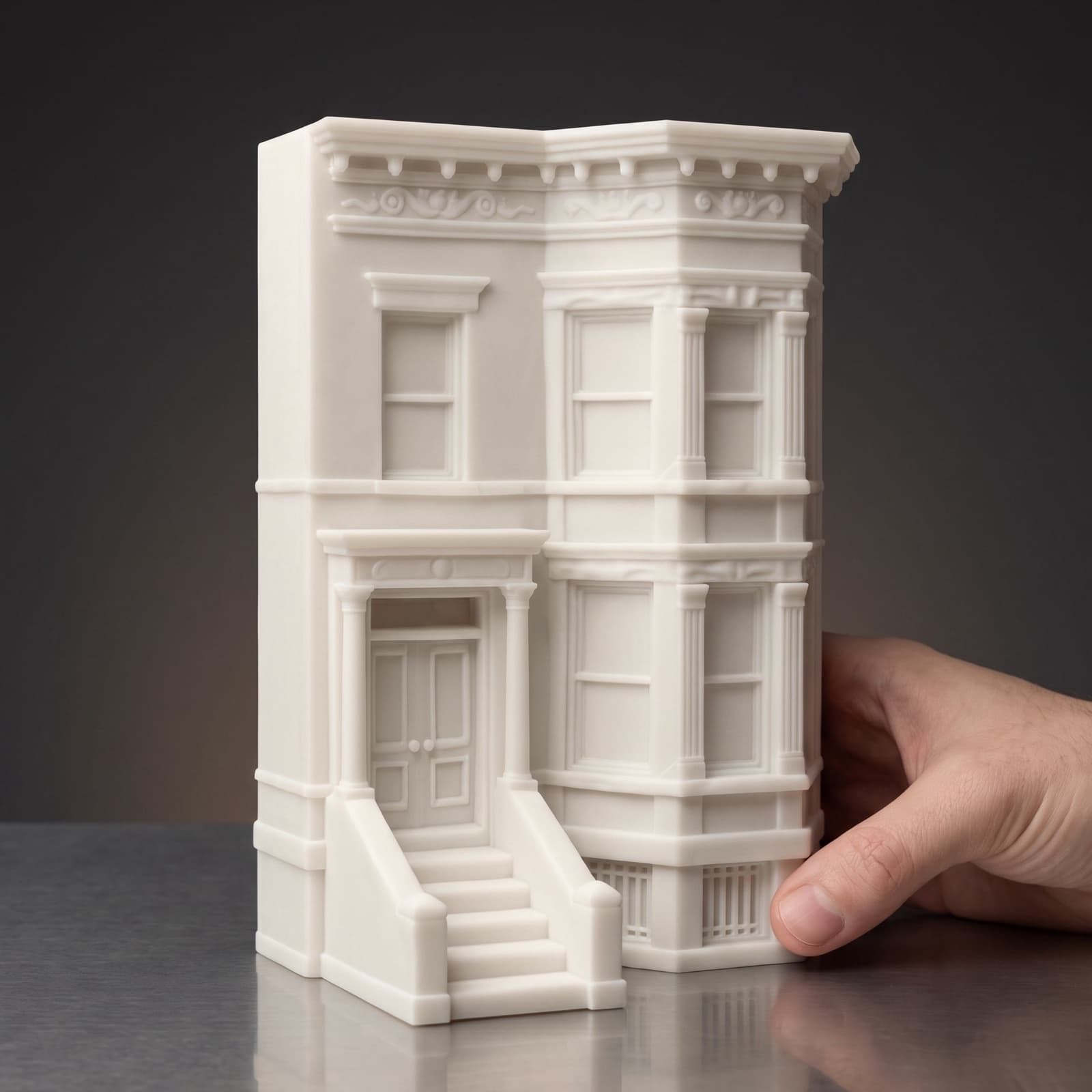 A finished brownstone house piece with its front stoop, held beside a hand for scale on brushed steel