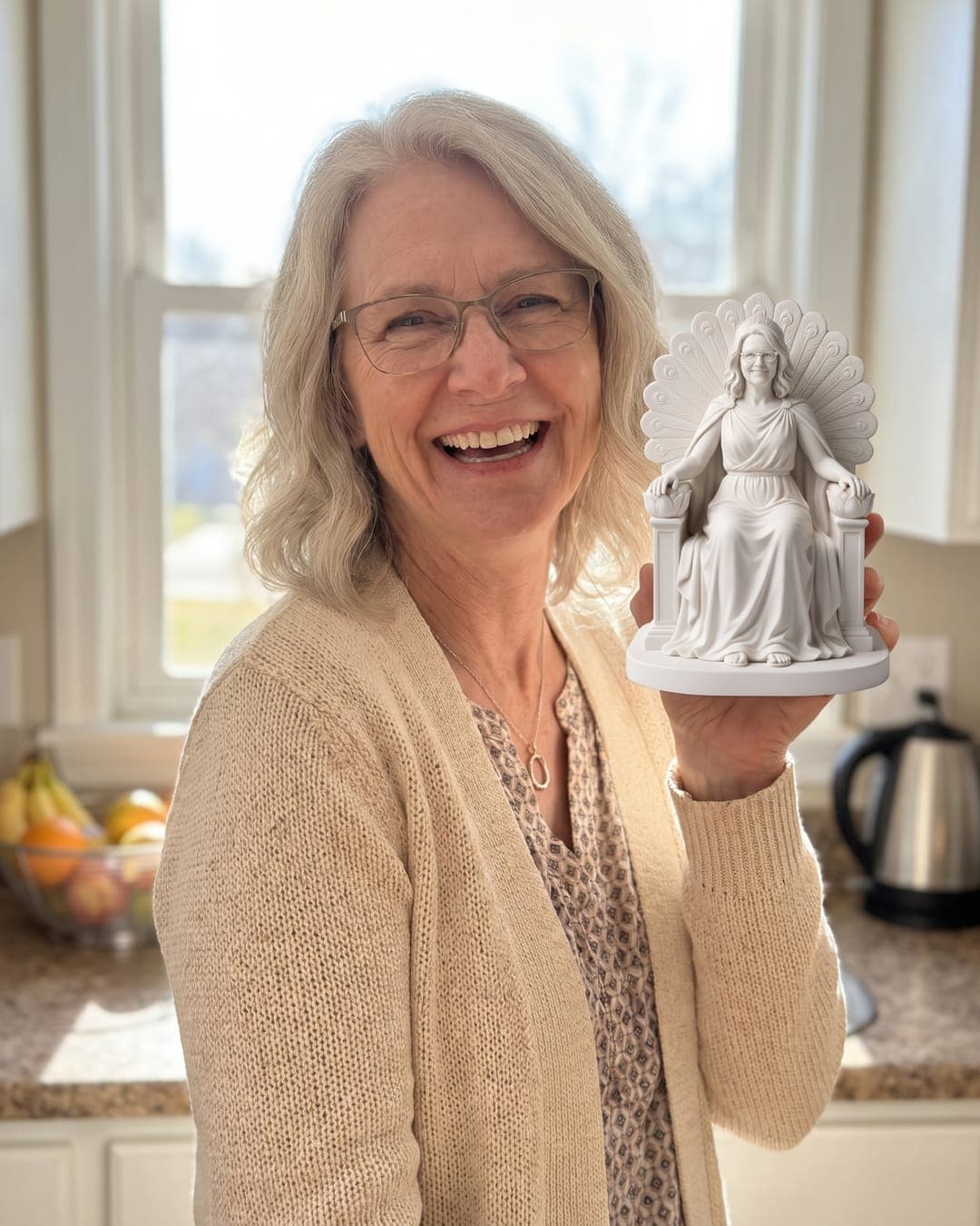 A woman in her kitchen holding up a statue of herself on a throne