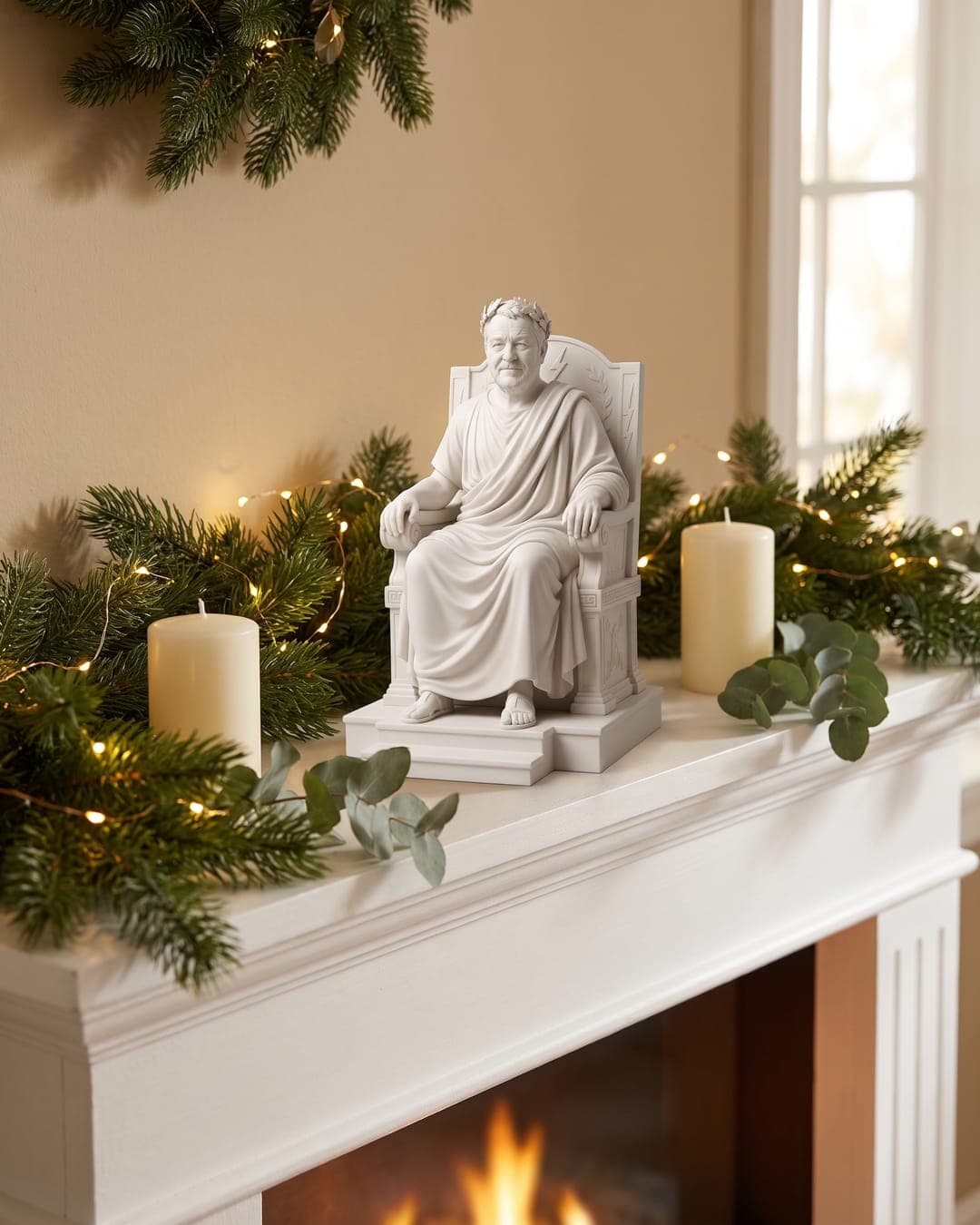 A throne statue on a mantel at Christmas