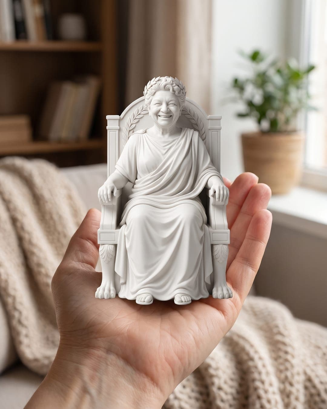 A throne statue held in the palm of a hand