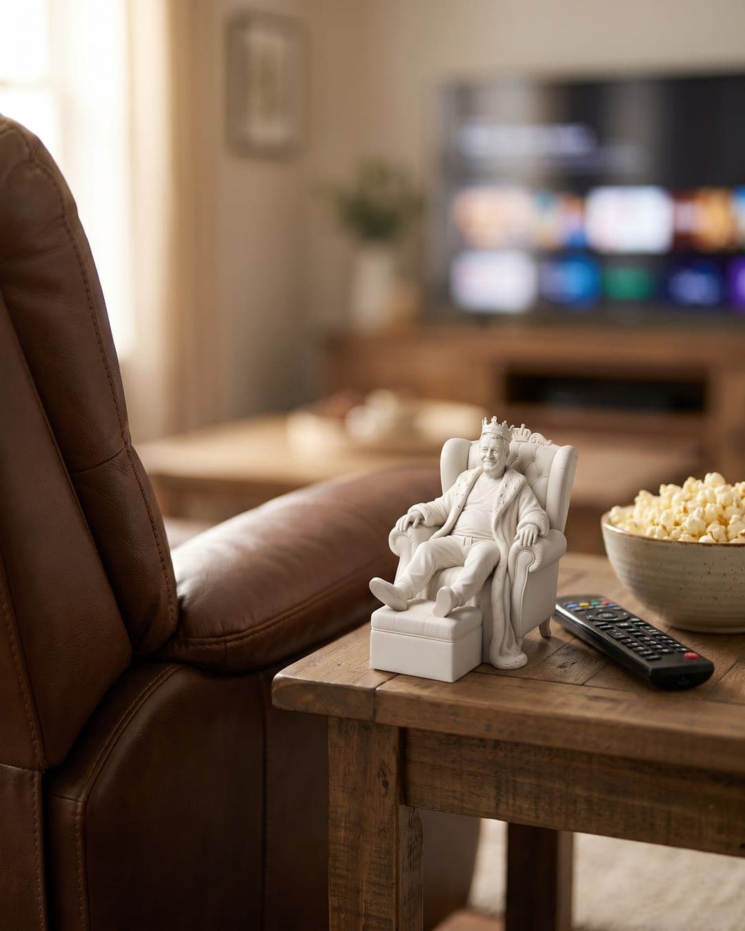 A recliner throne statue beside a recliner