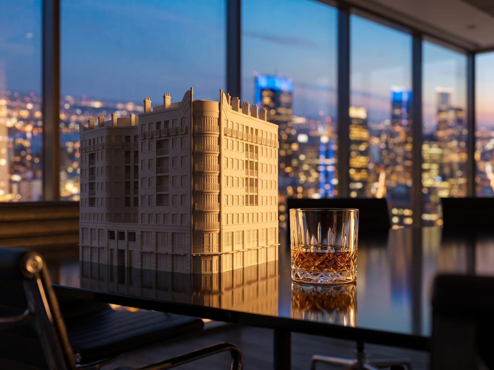 A sample preview of a corner office building with a round tower as a white piece, on a black glass boardroom table beside a crystal whisky tumbler, the city lit up at dusk through the windows behind, in a generated picture