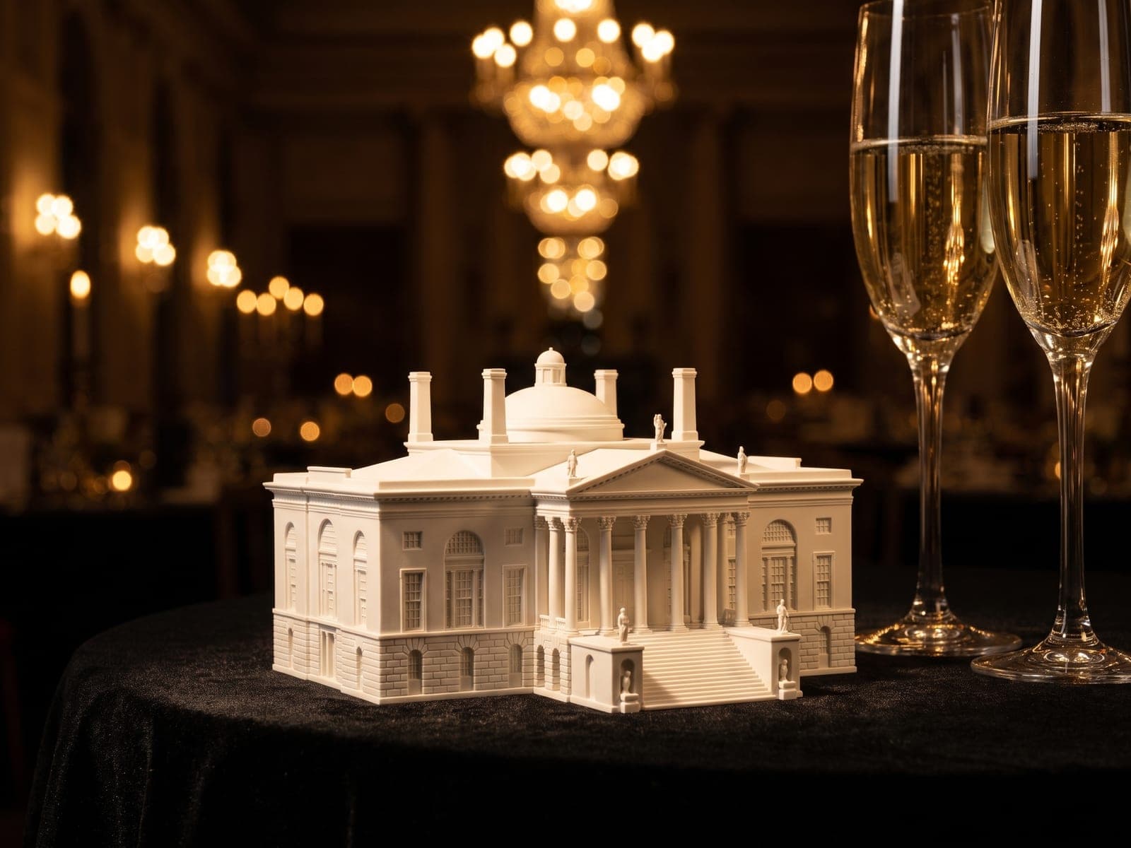 A sample preview of a domed city hall as a white piece, on a black velvet table beside two champagne flutes in a ballroom lit by chandeliers, in a generated picture