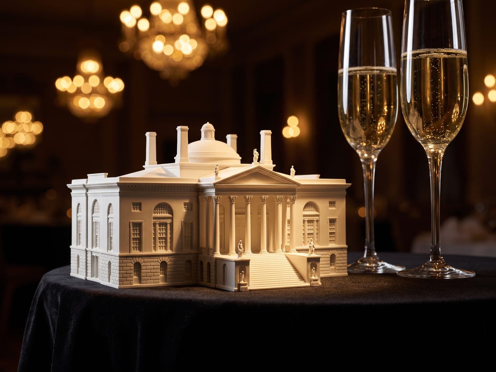 A sample preview of a domed city hall with a columned portico as a white piece, on a black velvet table beside two champagne flutes at an evening awards dinner, in a generated picture