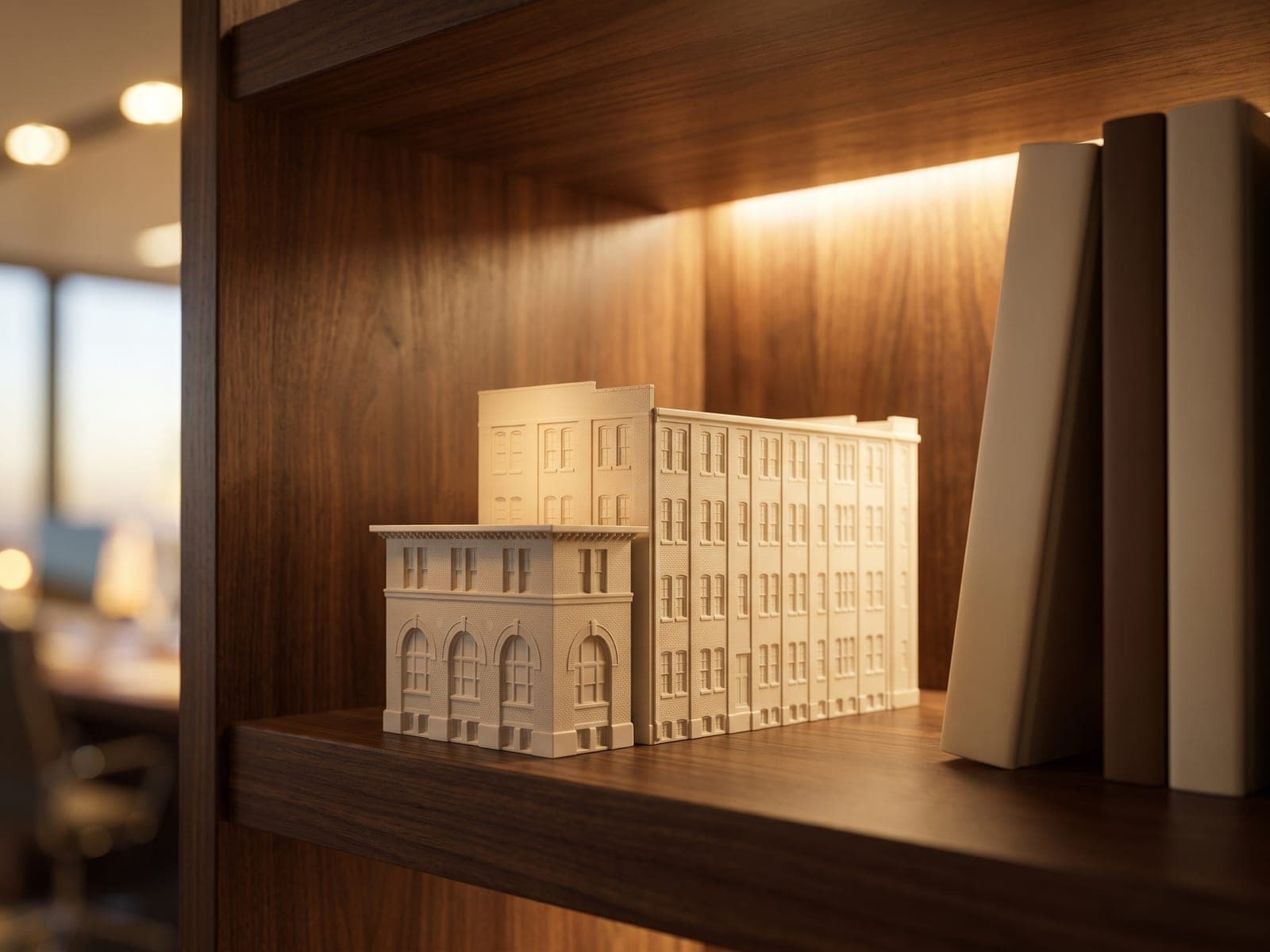 A sample preview of a warehouse block as a white piece, on a lit walnut office shelf beside three upright books, in a generated picture