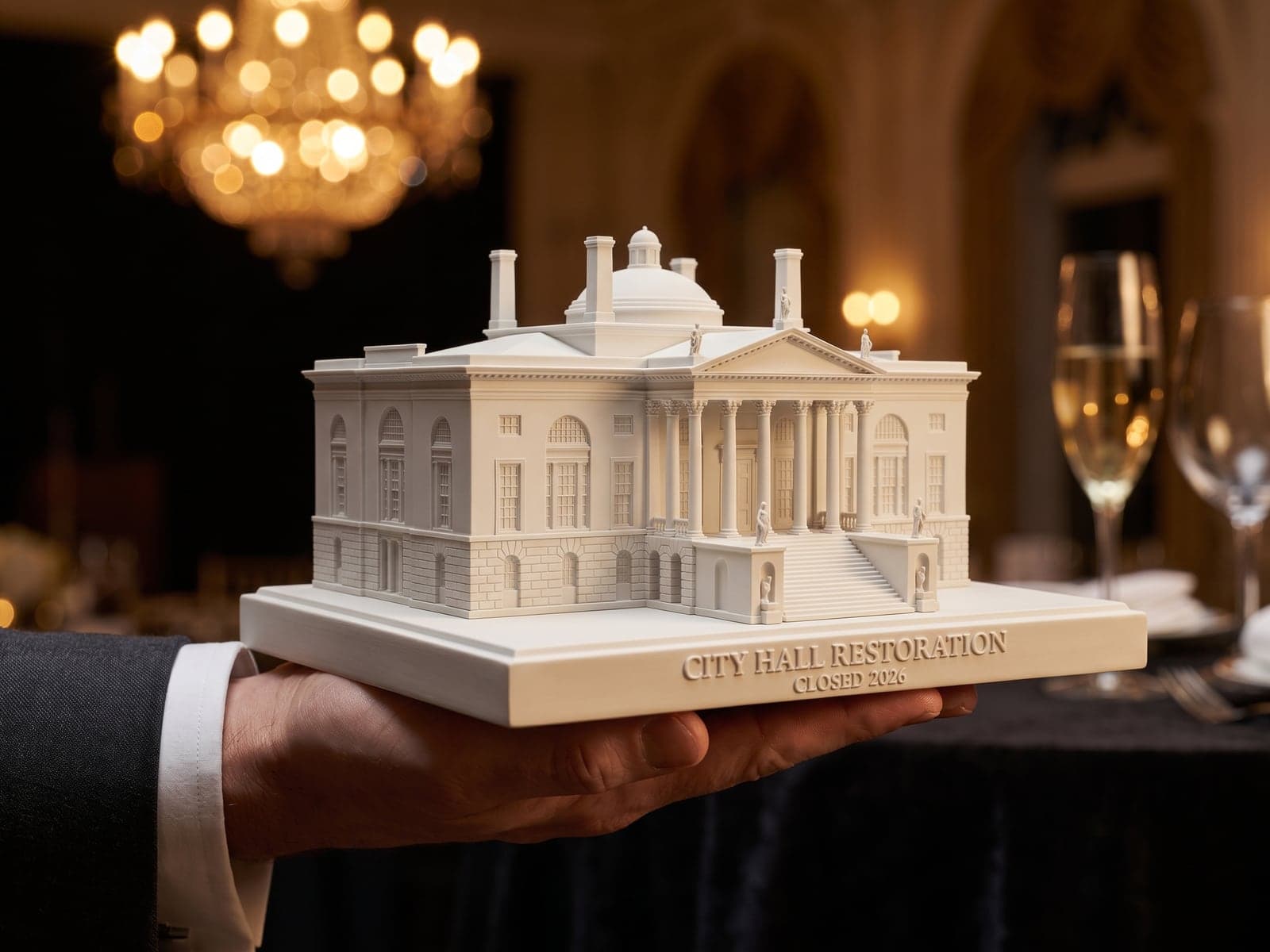 A sample preview of a domed city hall as a white piece on a slim base with raised letters reading City Hall Restoration, Closed 2026, held out on one open hand at an evening awards dinner, in a generated picture