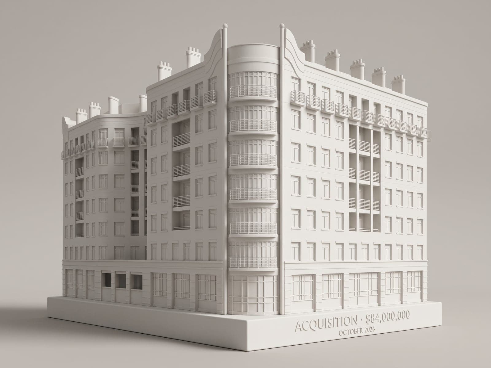 A sample preview of a corner office building with a round tower as a white piece on a slim base with raised letters reading Acquisition, 84 million dollars, October 2026, on a plain studio background, in a generated picture