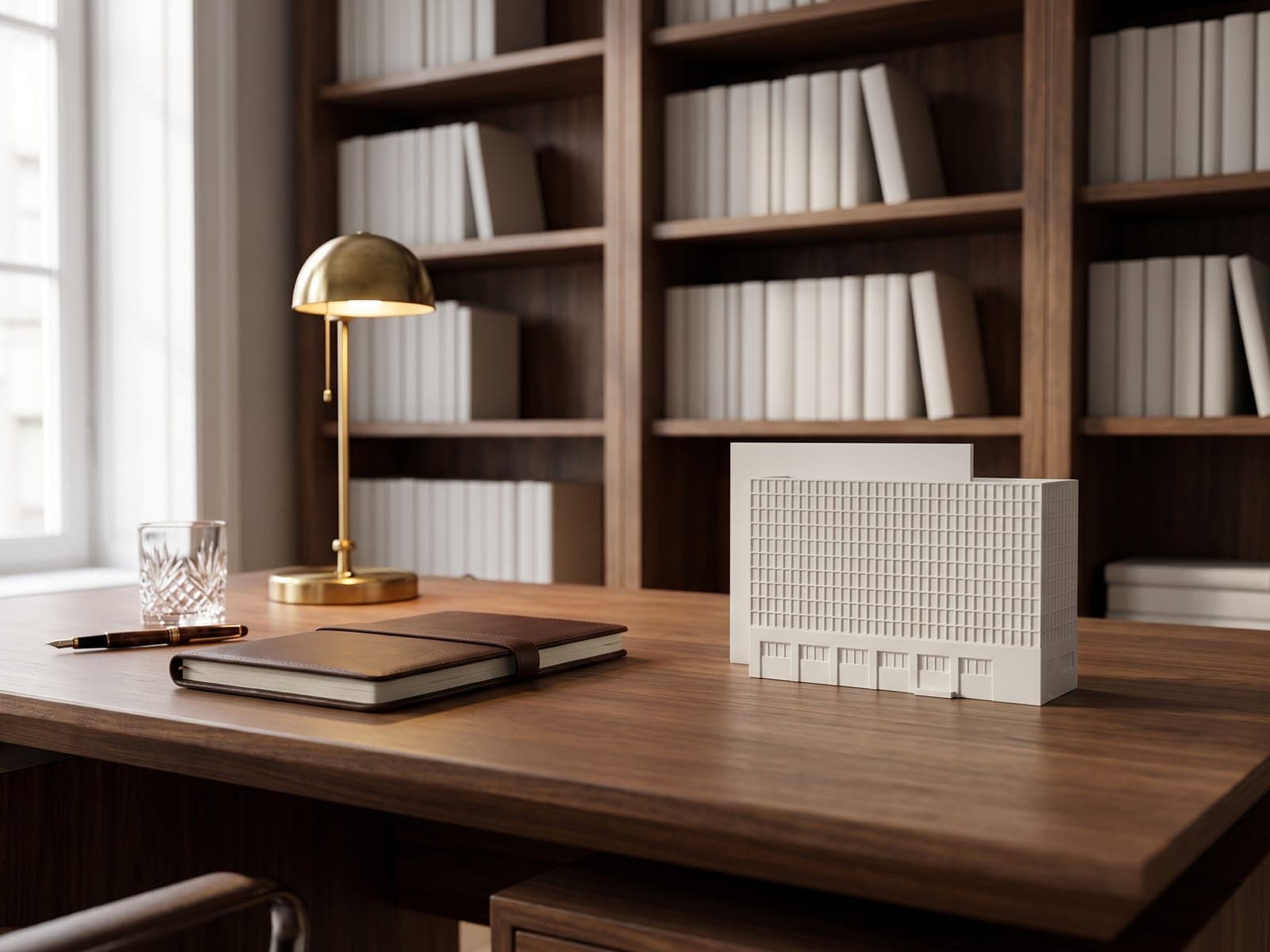 A sample preview of a modern office building as a white piece, staged on a wooden desk beside a leather notebook, a fountain pen, a crystal glass and a brass lamp, in a generated picture