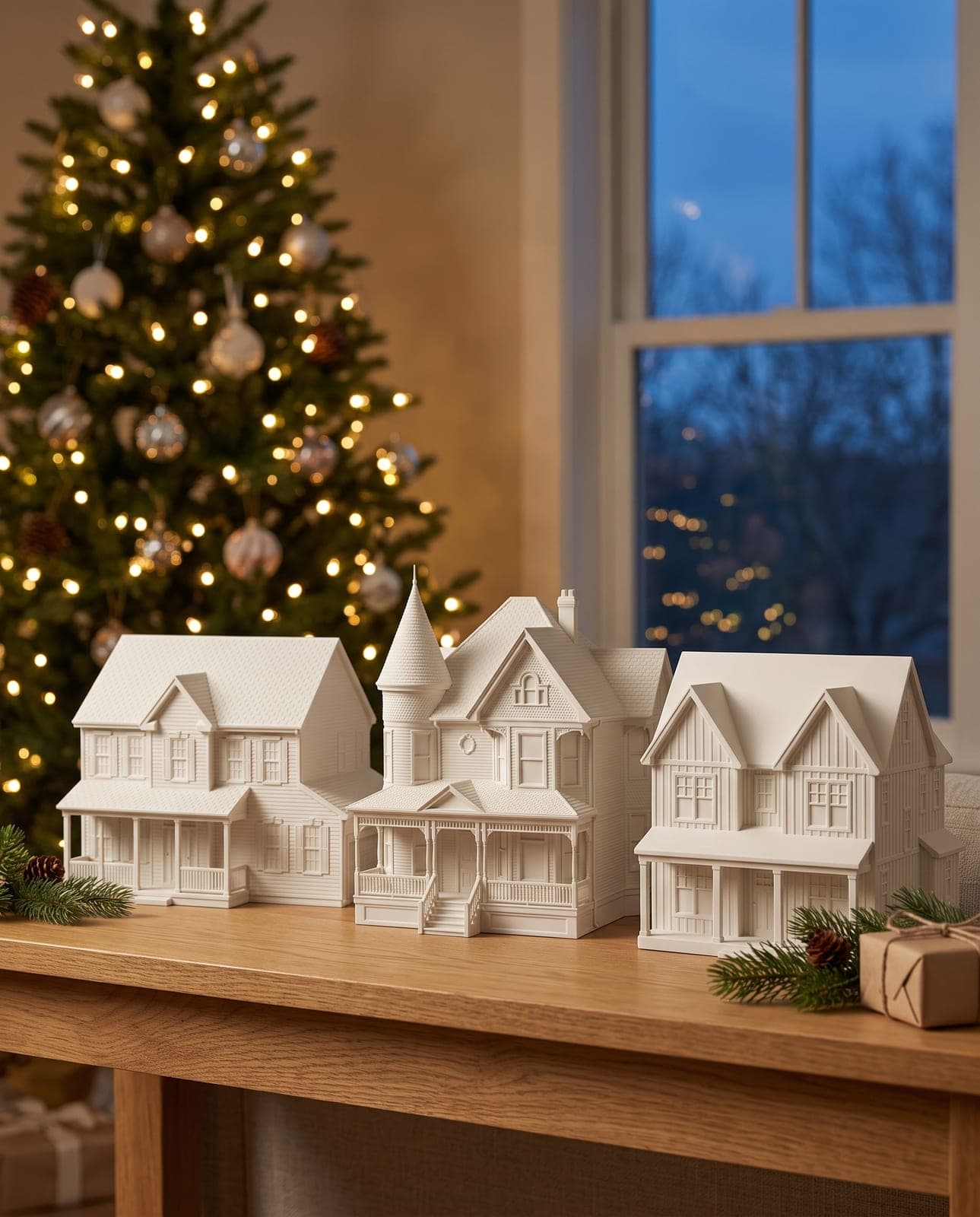 Three white house sculptures grouped together on a wooden console