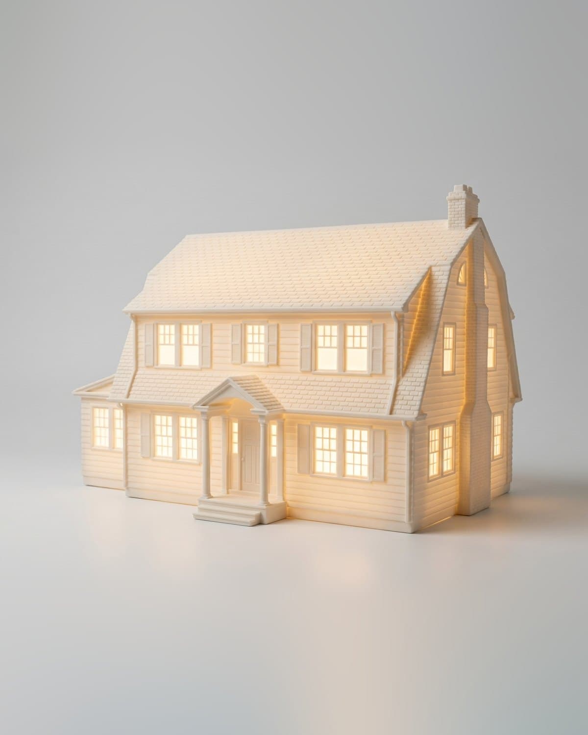 Free preview of a Dutch Colonial home with shutters and a columned portico as a white house sculpture lit from inside