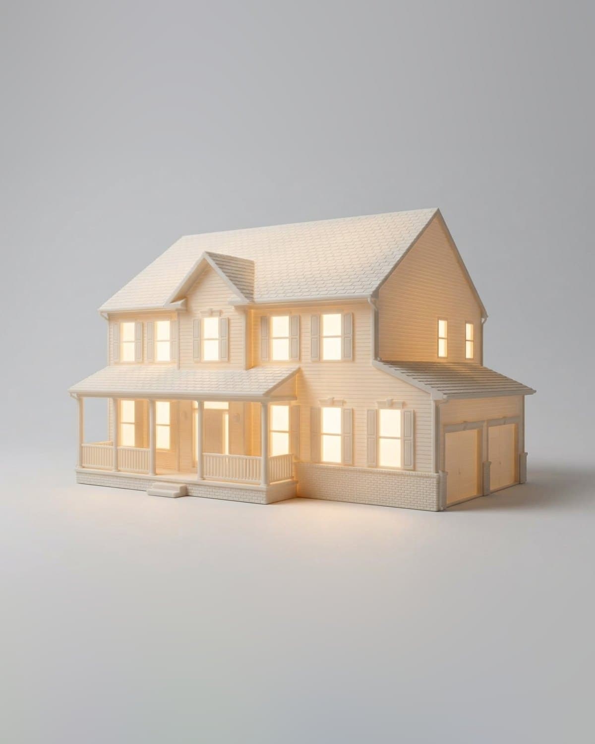 Free preview of a two-story family home with a front porch and two-car garage as a white house sculpture lit from inside
