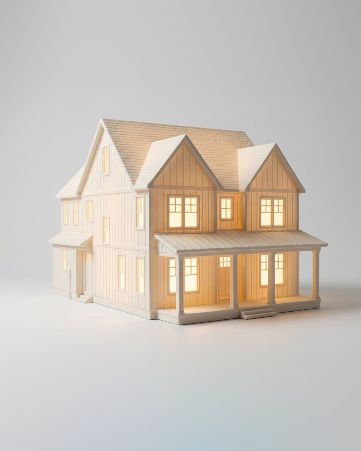 Free preview of a modern farmhouse with board-and-batten siding and a deep porch as a white house sculpture lit from inside