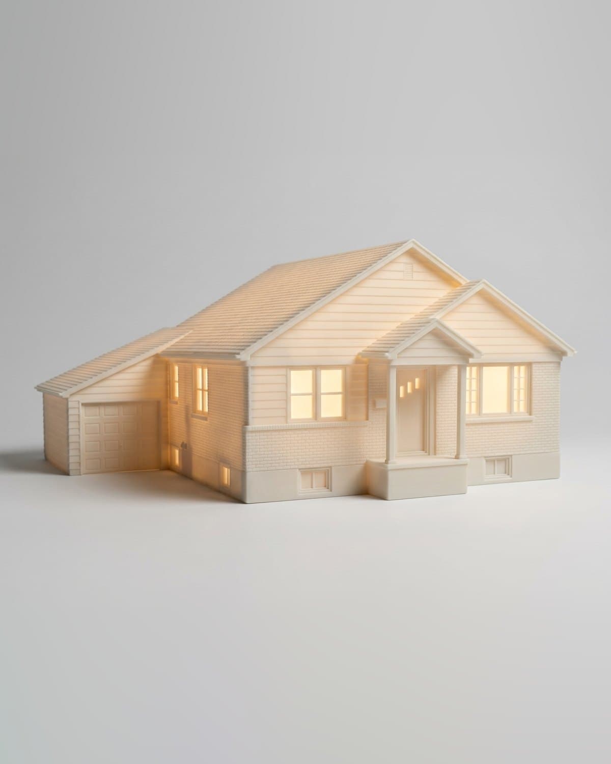 Free preview of a brick bungalow with a side garage as a white house sculpture lit from inside