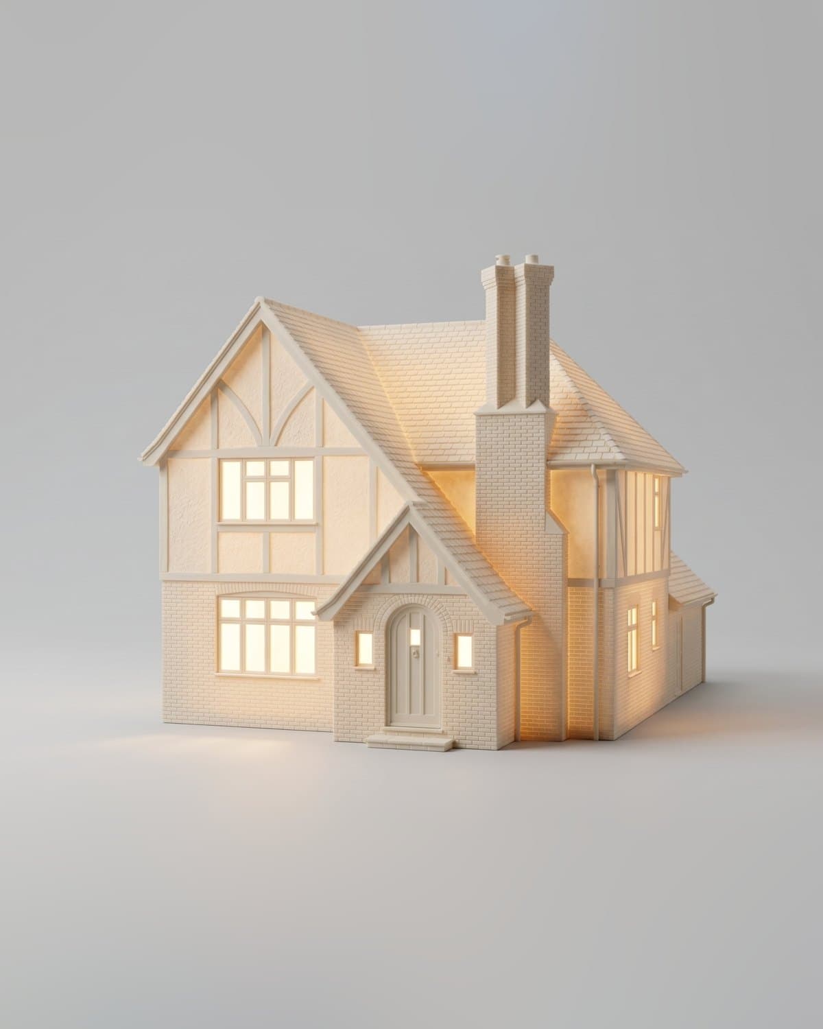 Free preview of a Tudor home with a tall brick chimney and arched door as a white house sculpture lit from inside