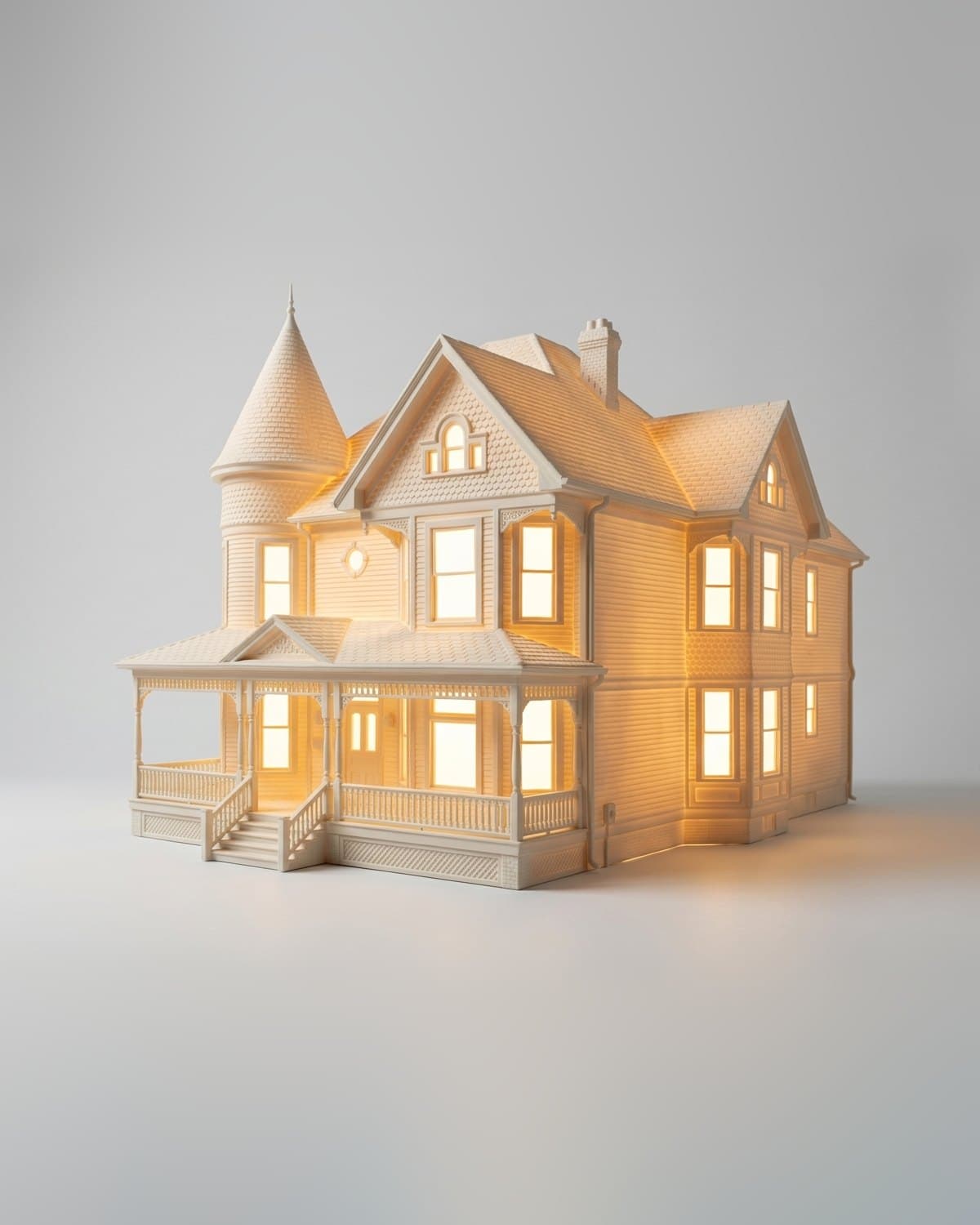 Free preview of a Victorian home with a turret and wraparound porch as a white house sculpture lit from inside