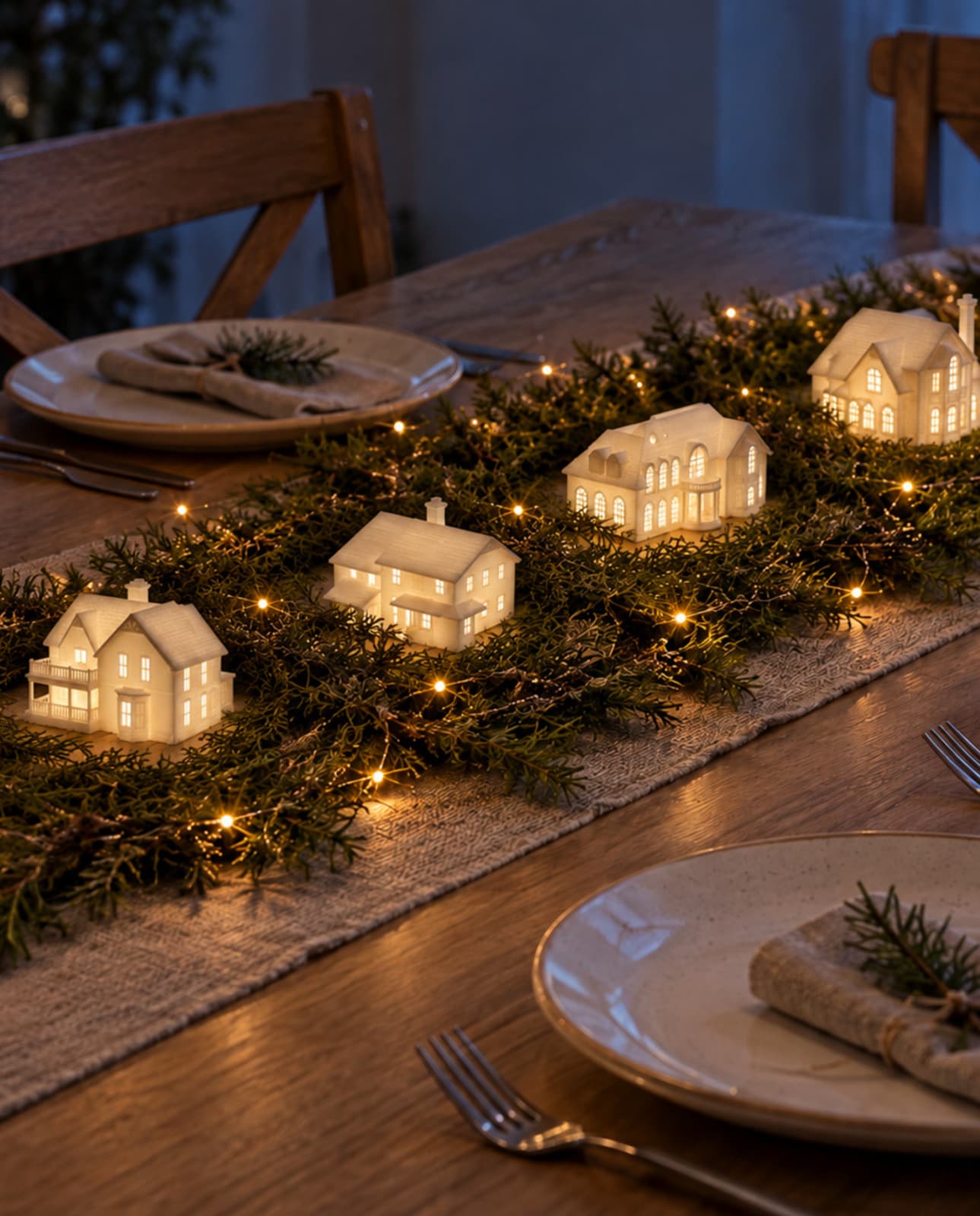 Four white house sculptures glowing from inside as a dining table centerpiece, set in a pine garland with warm lights between two place settings