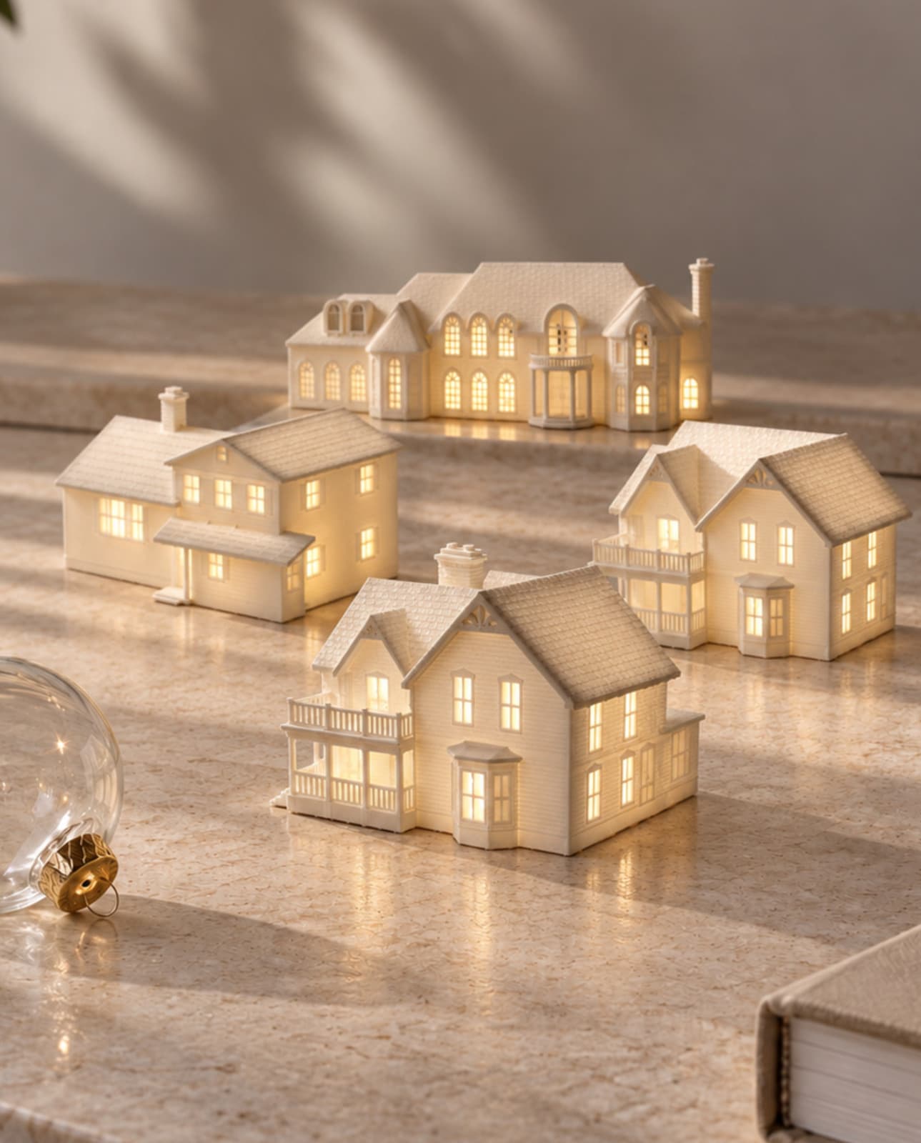 Four white house sculptures, each a different home, arranged together on stone beside a glass bauble, lit from inside