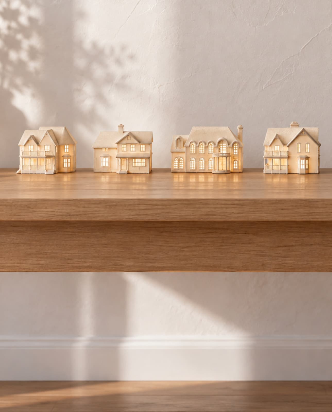 Four white house sculptures, each a different home, lined up on a light wood shelf, lit from inside
