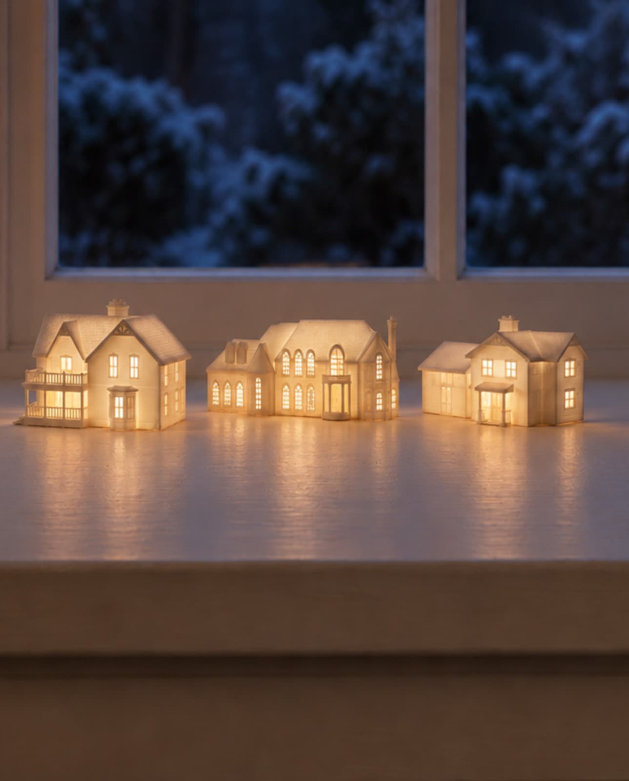 Three white house sculptures glowing from inside on a windowsill at night, snowy pines outside