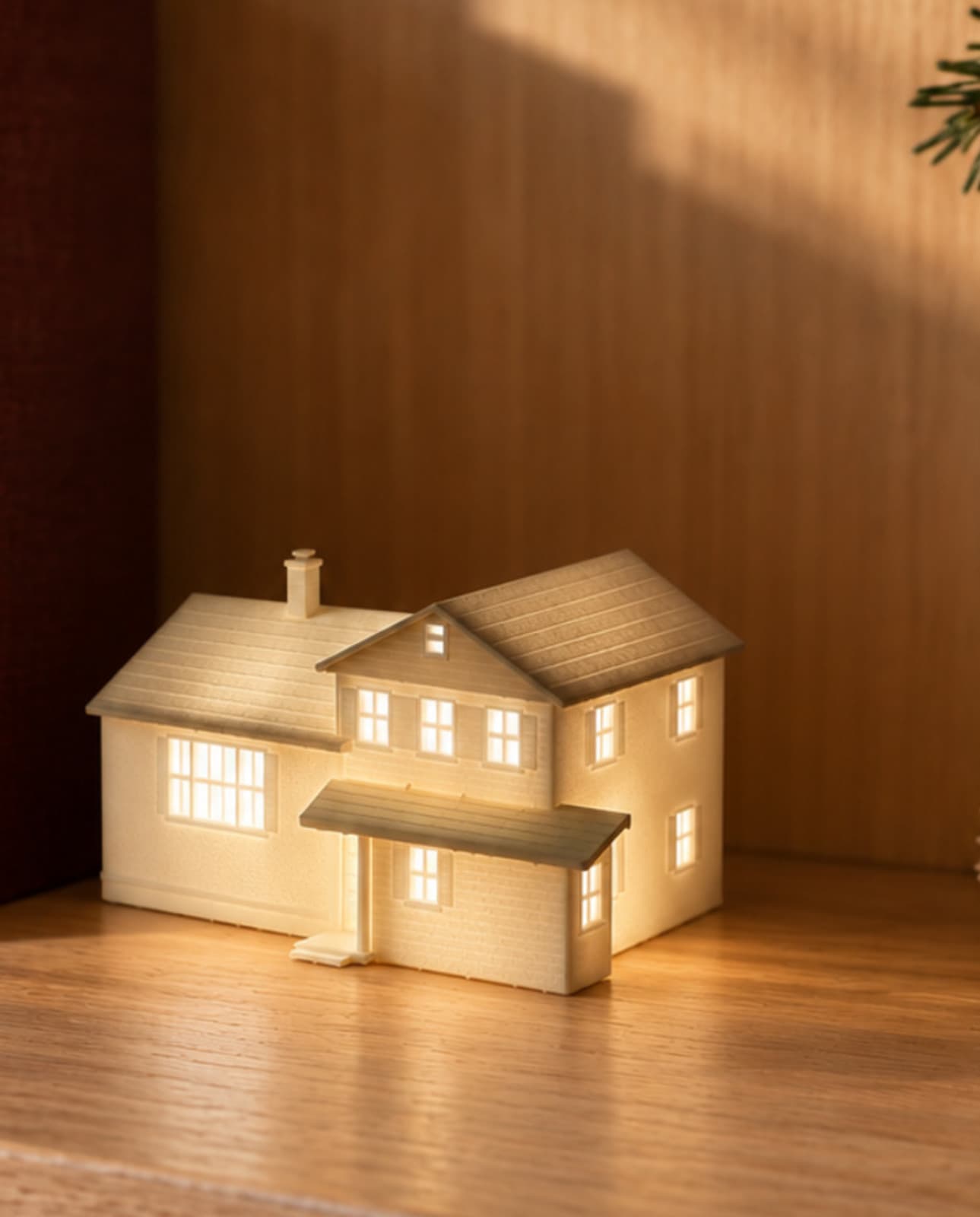 One white house sculpture of a two-story home glowing from inside on a wood bookshelf